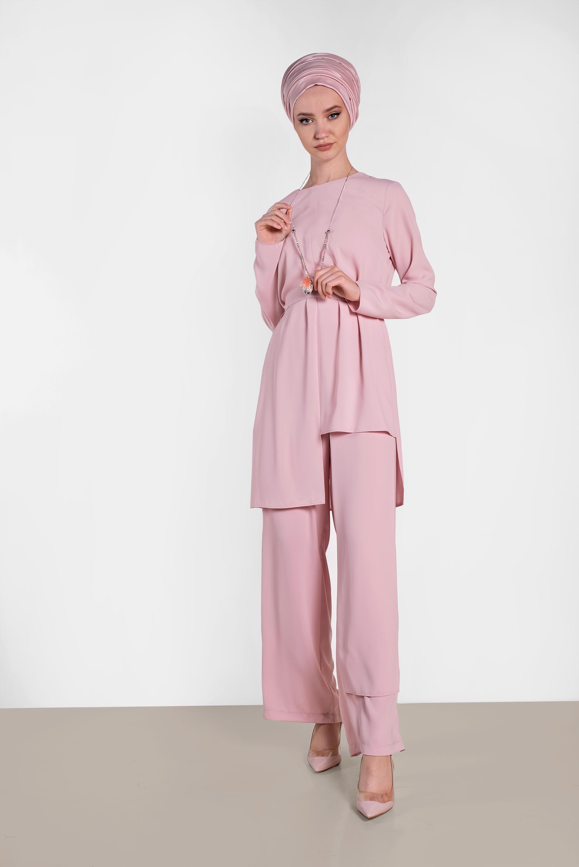 Tesettür giyim PUDRA ASİMETRİK KESİM PANTOLONLU TAKIM 3575