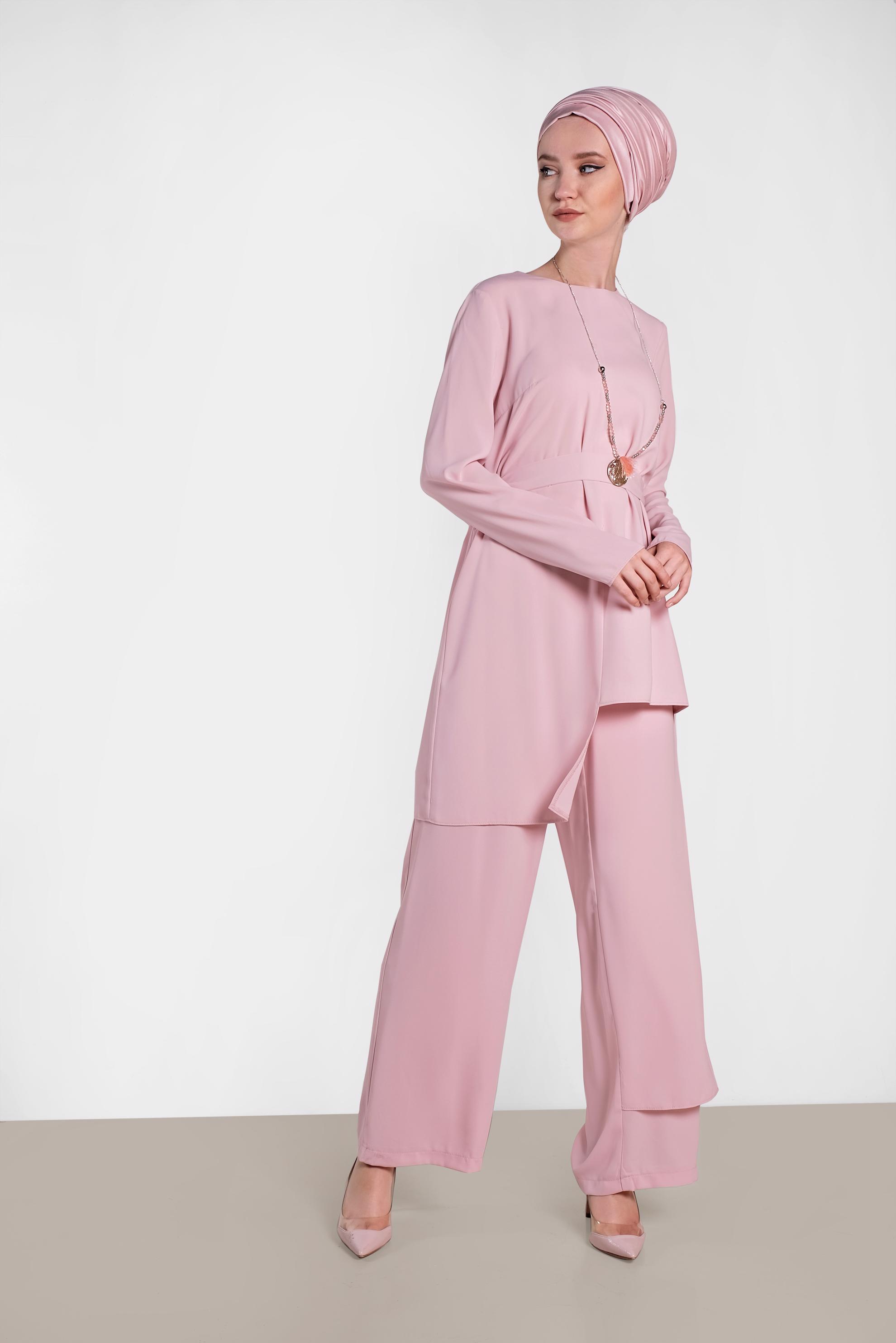 Tesettür giyim PUDRA ASİMETRİK KESİM PANTOLONLU TAKIM 3575