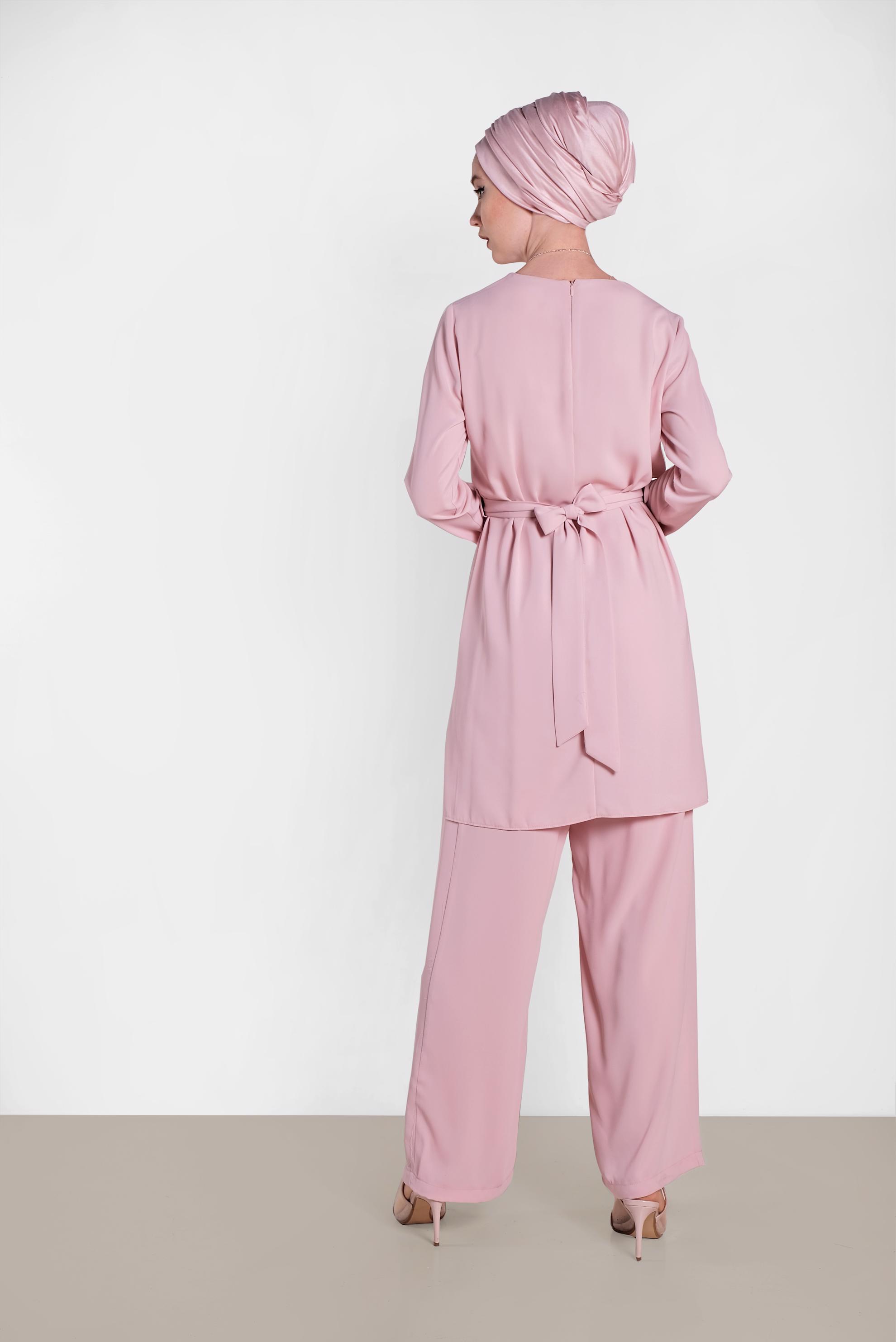Tesettür giyim PUDRA ASİMETRİK KESİM PANTOLONLU TAKIM 3575