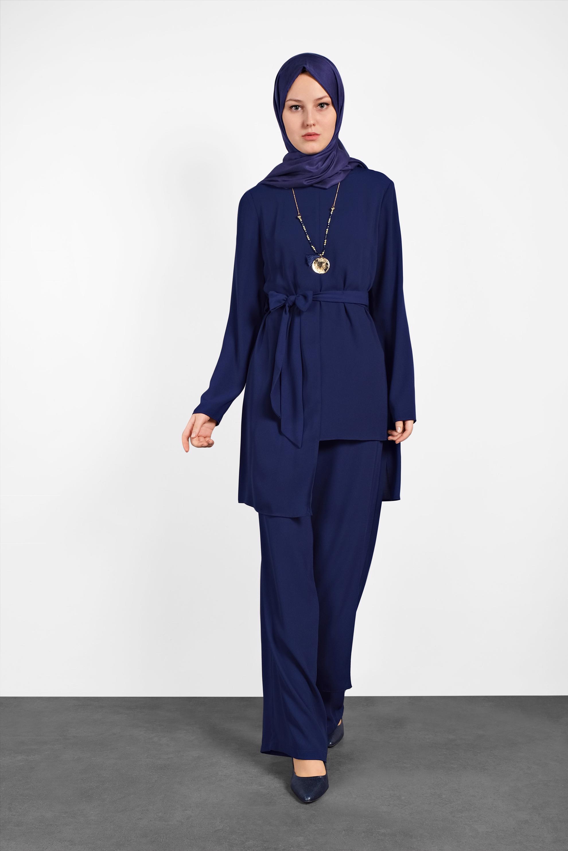 Tesettür giyim LACİVERT ASİMETRİK KESİM PANTOLONLU TAKIM 3575