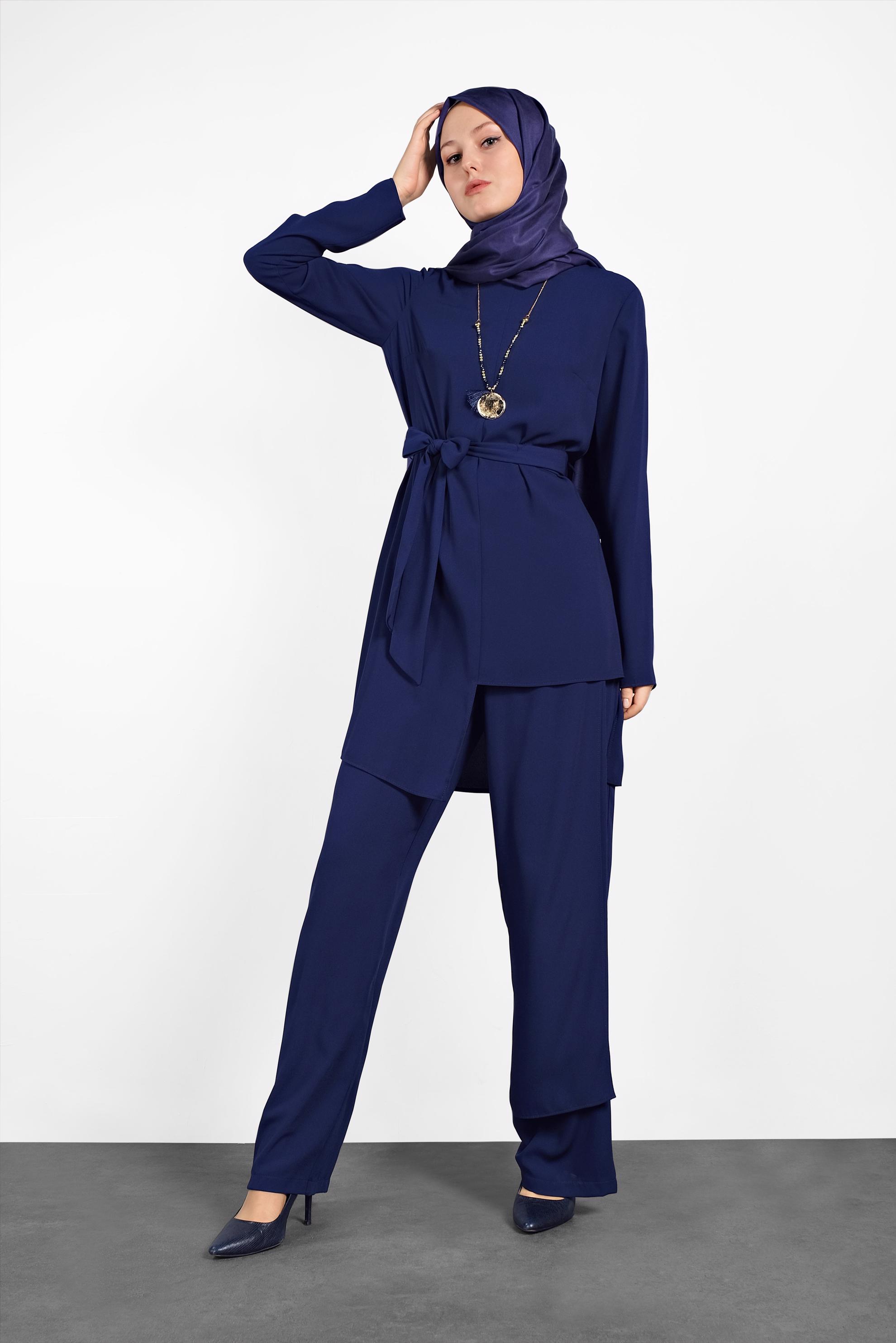 Tesettür giyim LACİVERT ASİMETRİK KESİM PANTOLONLU TAKIM 3575