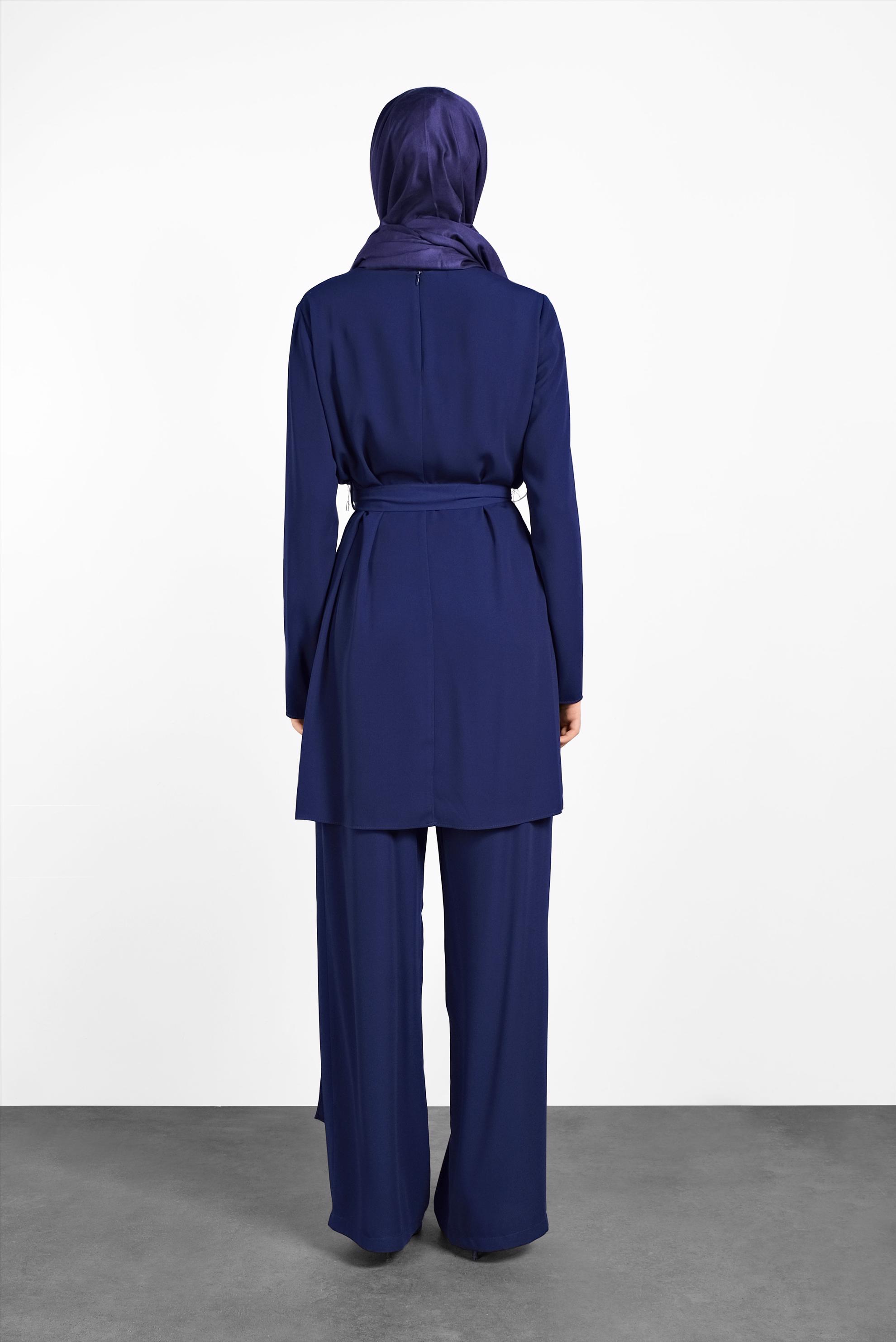 Tesettür giyim LACİVERT ASİMETRİK KESİM PANTOLONLU TAKIM 3575