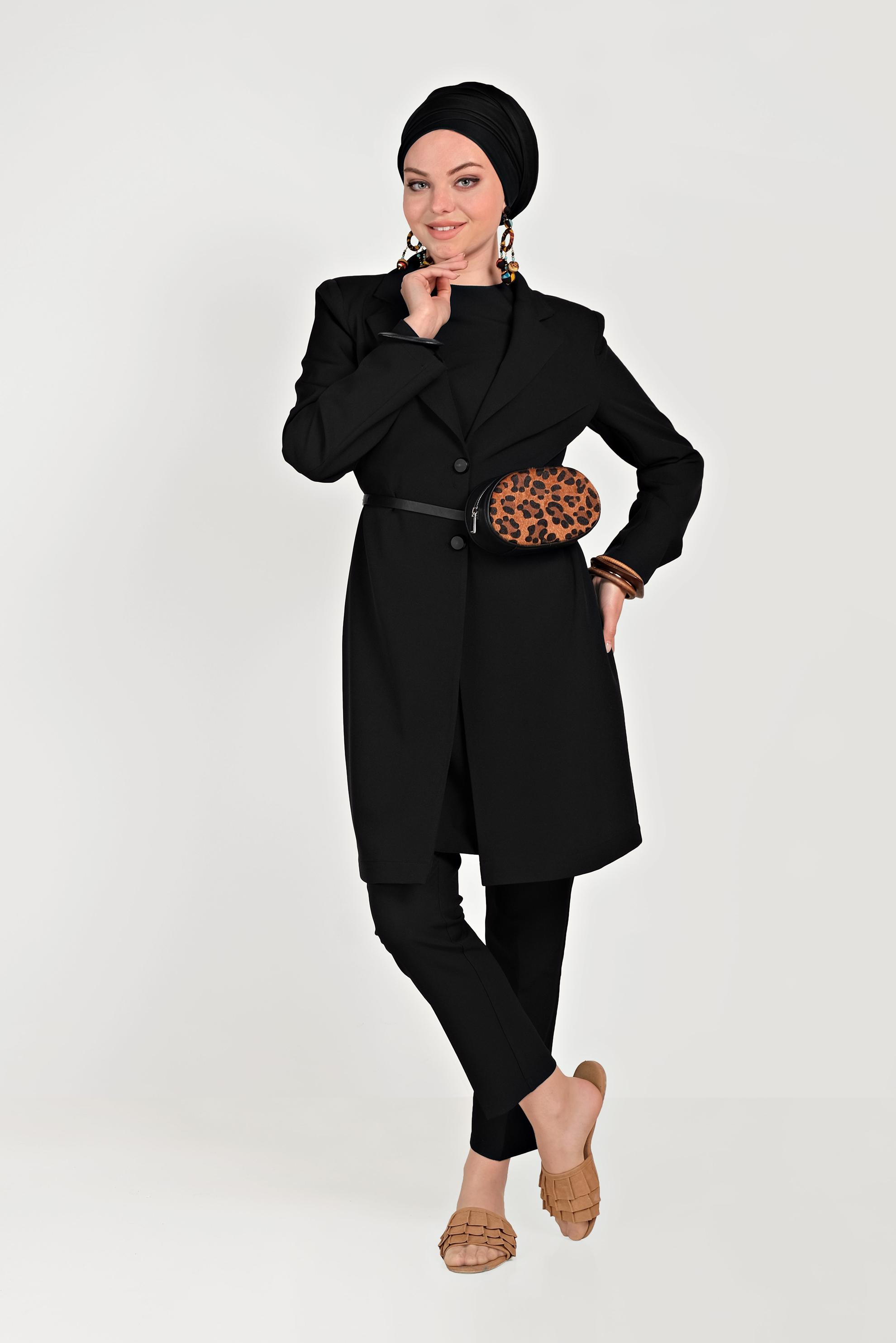 Tesettür giyim SİYAH KLASİK İKİLİ PANTOLONLU TAKIM 40531