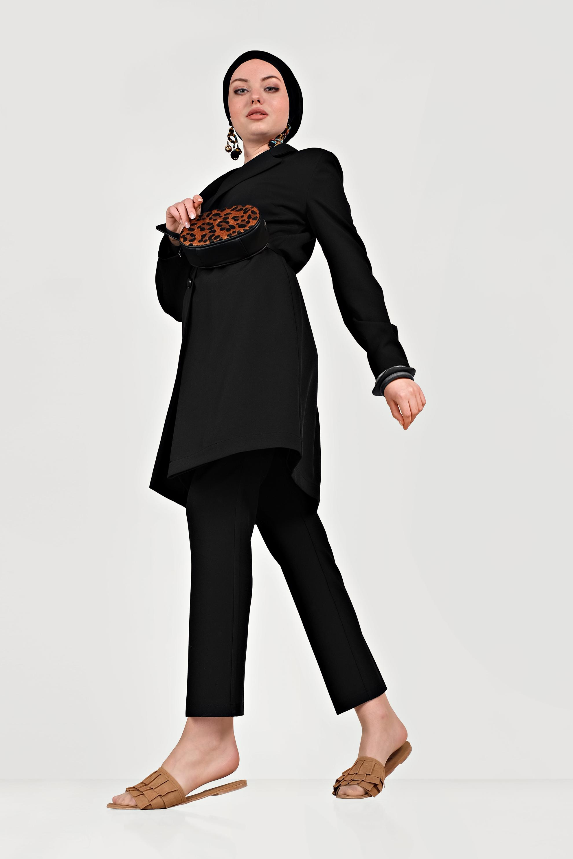 Tesettür giyim SİYAH KLASİK İKİLİ PANTOLONLU TAKIM 40531