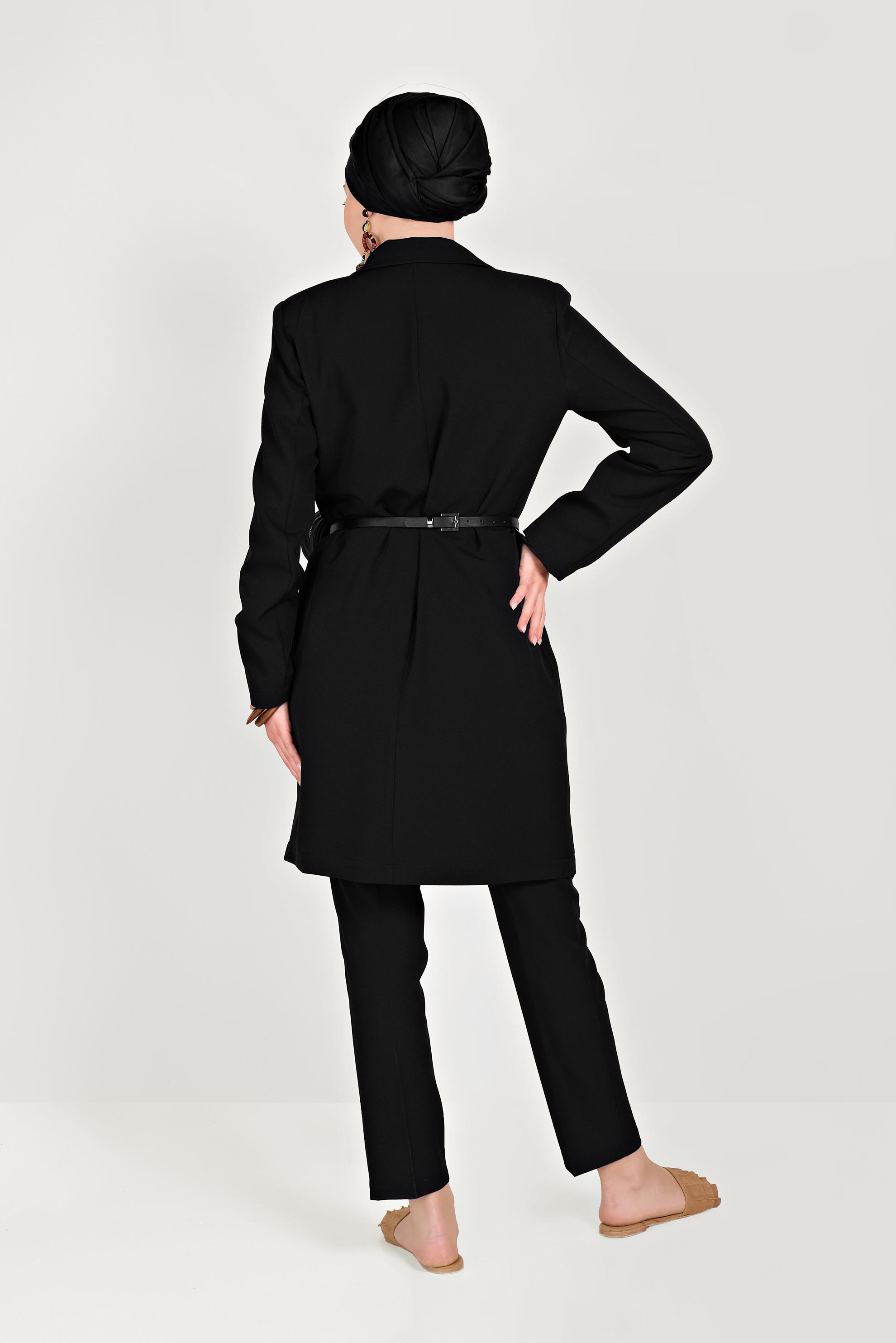 Tesettür giyim SİYAH KLASİK İKİLİ PANTOLONLU TAKIM 40531