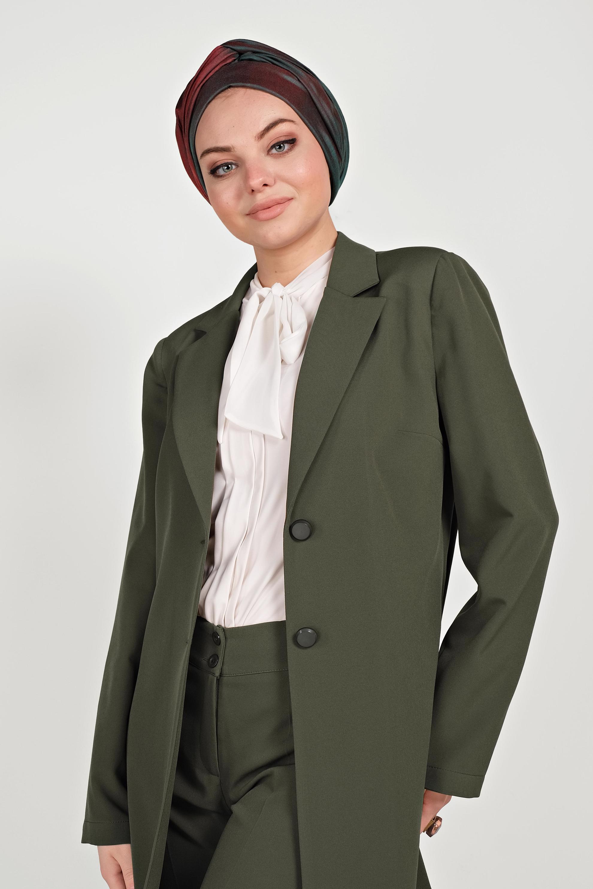 Tesettür giyim HAKİ KLASİK İKİLİ PANTOLONLU TAKIM 40531