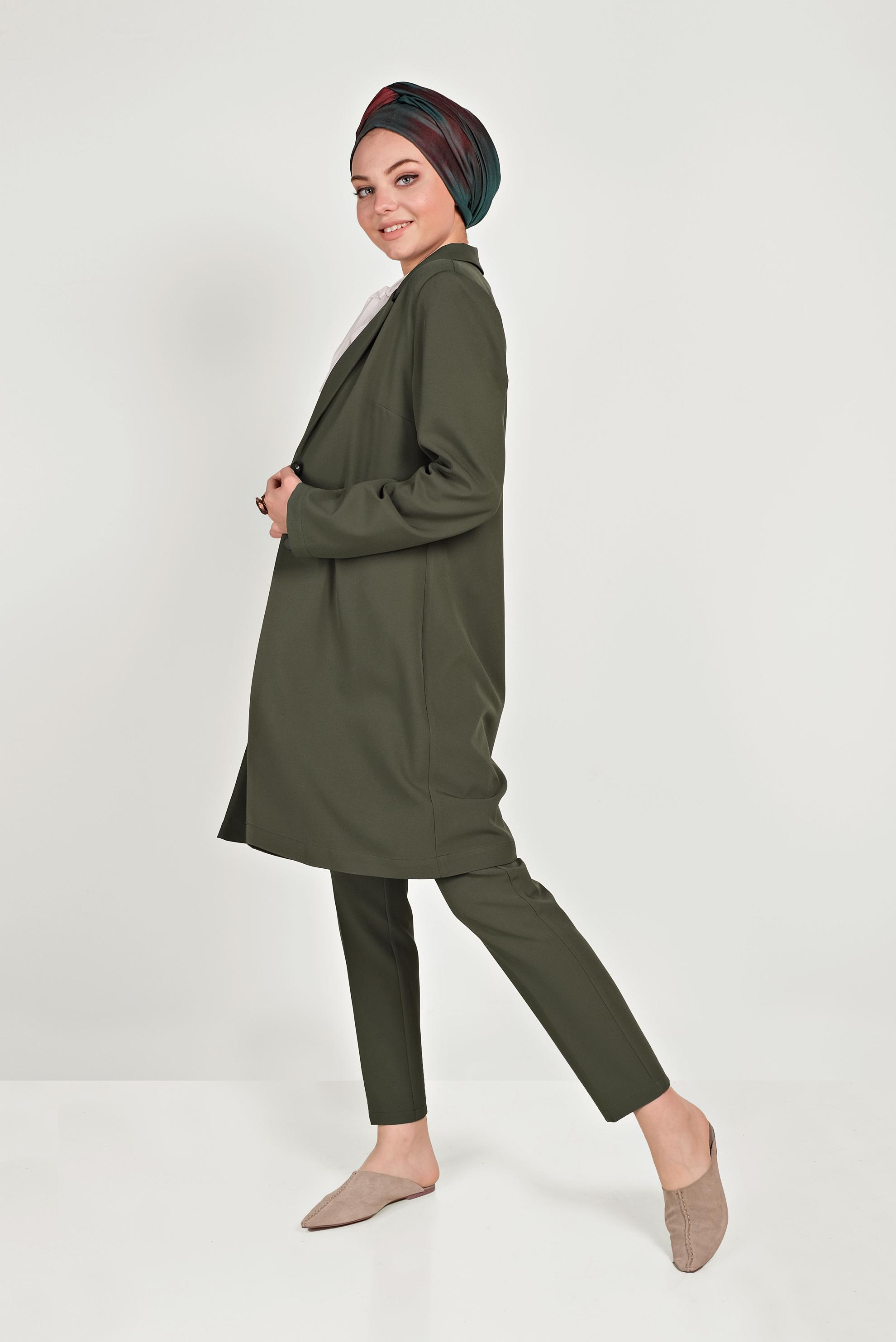 Tesettür giyim HAKİ KLASİK İKİLİ PANTOLONLU TAKIM 40531