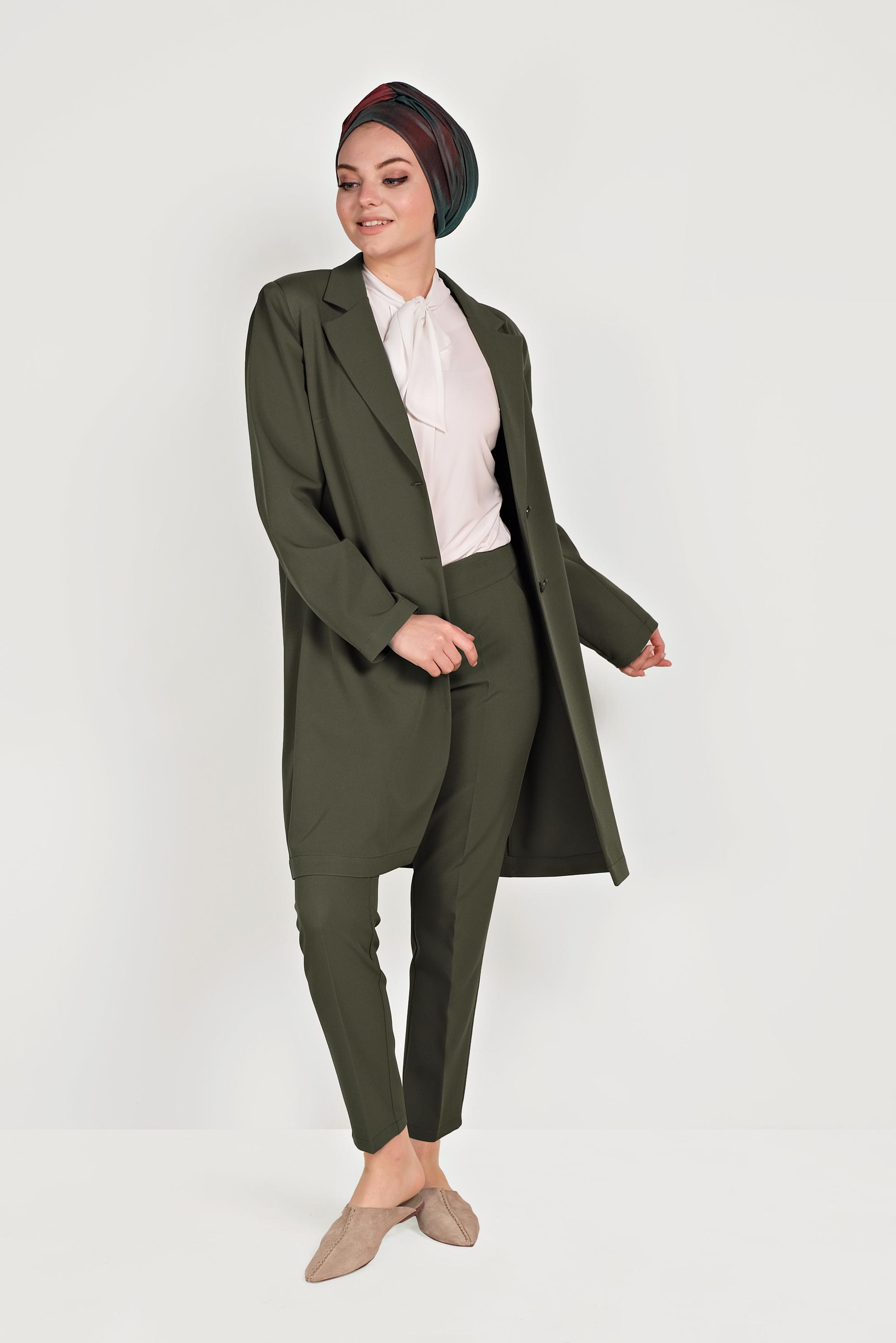 Tesettür giyim HAKİ KLASİK İKİLİ PANTOLONLU TAKIM 40531