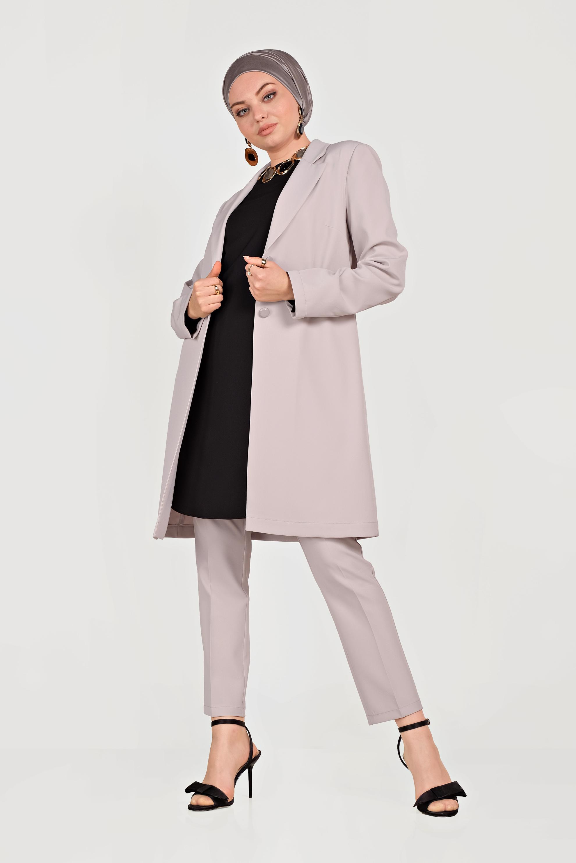 Tesettür giyim BEJ KLASİK İKİLİ PANTOLONLU TAKIM 40531