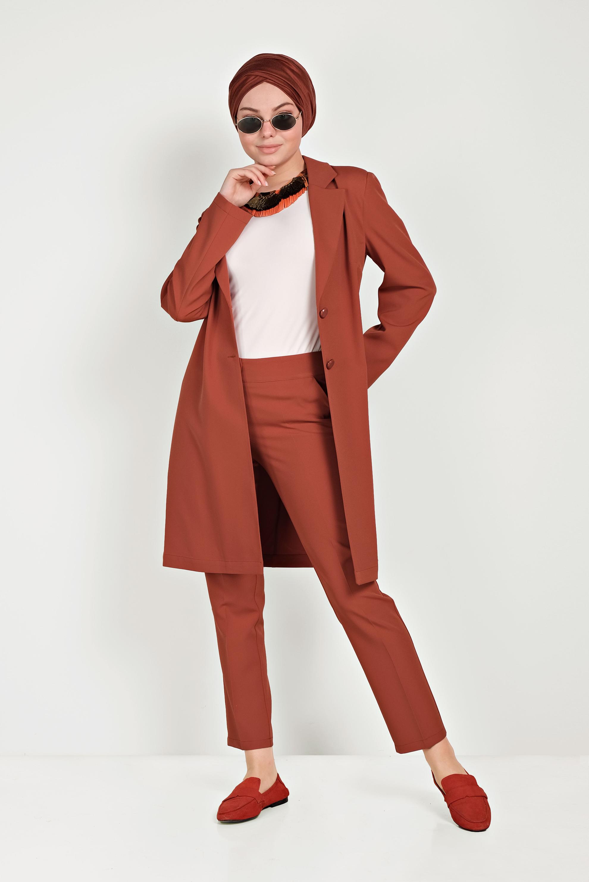 Tesettür giyim TURUNCU KLASİK İKİLİ PANTOLONLU TAKIM 40531
