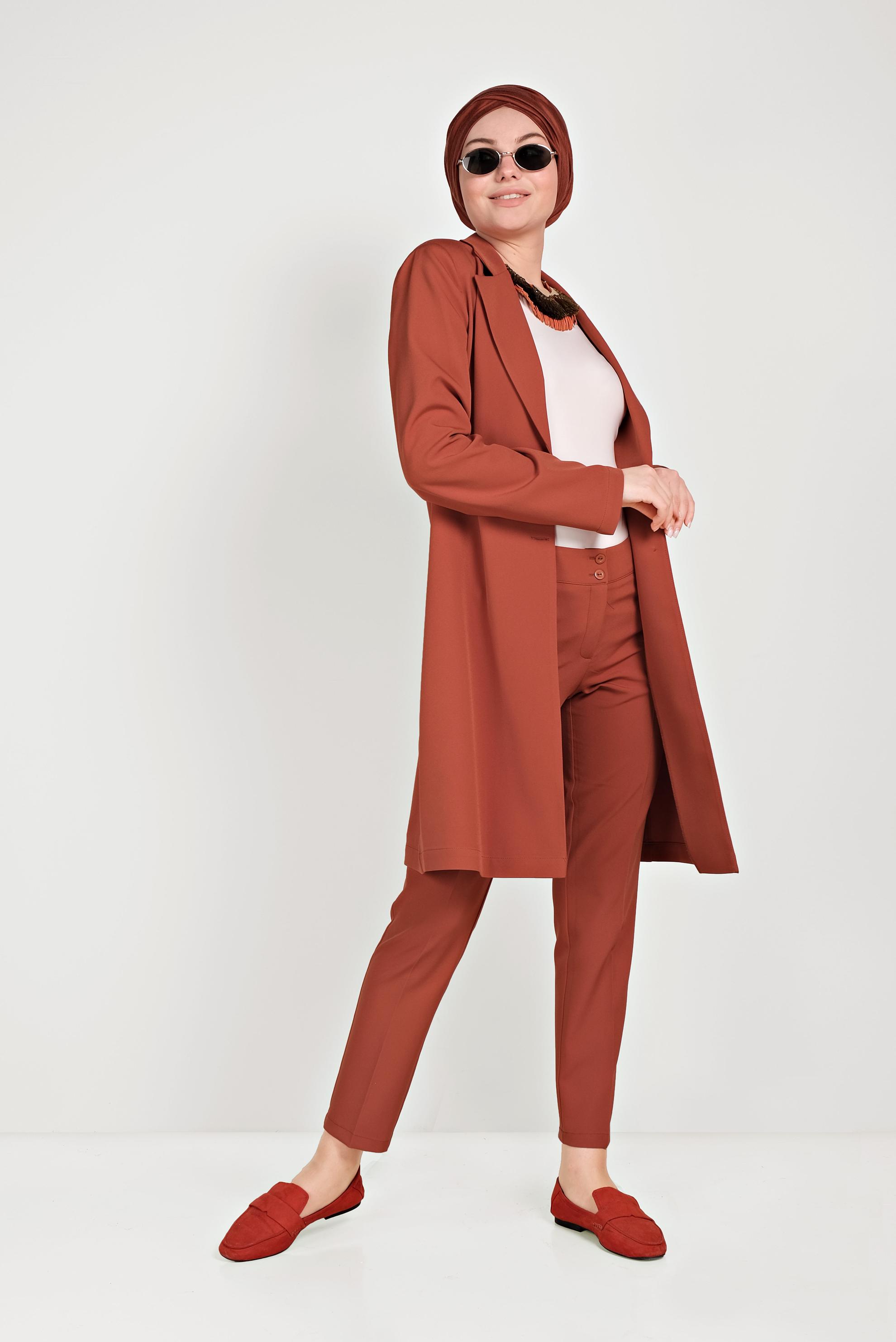 Tesettür giyim TURUNCU KLASİK İKİLİ PANTOLONLU TAKIM 40531