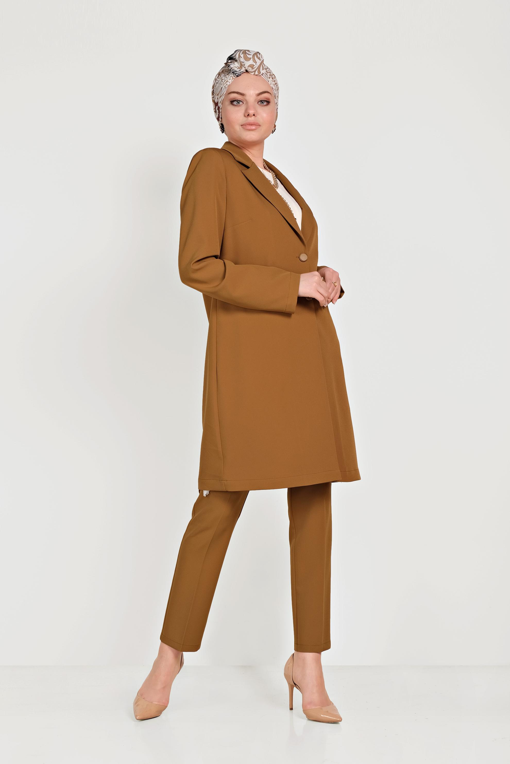 Tesettür giyim SARI KLASİK İKİLİ PANTOLONLU TAKIM 40531