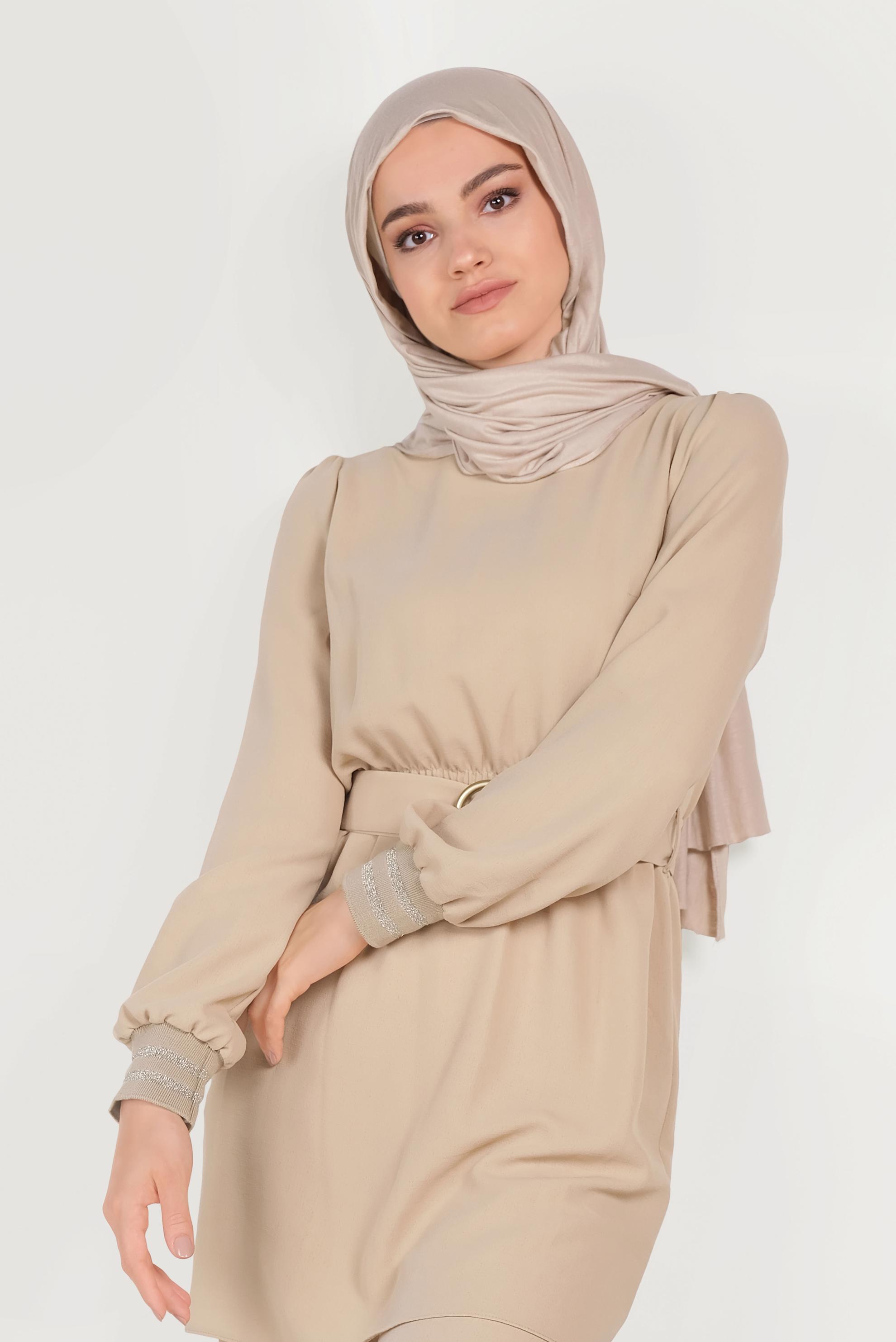 Tesettür giyim BEJ SİMLİ PANTOLONLU TAKIM 40533