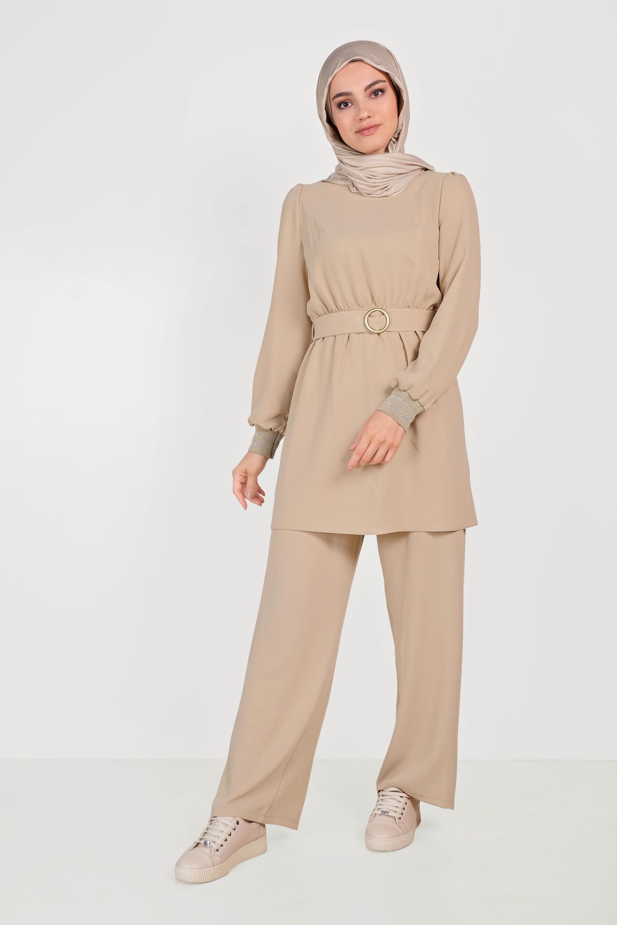 Tesettür giyim BEJ SİMLİ PANTOLONLU TAKIM 40533