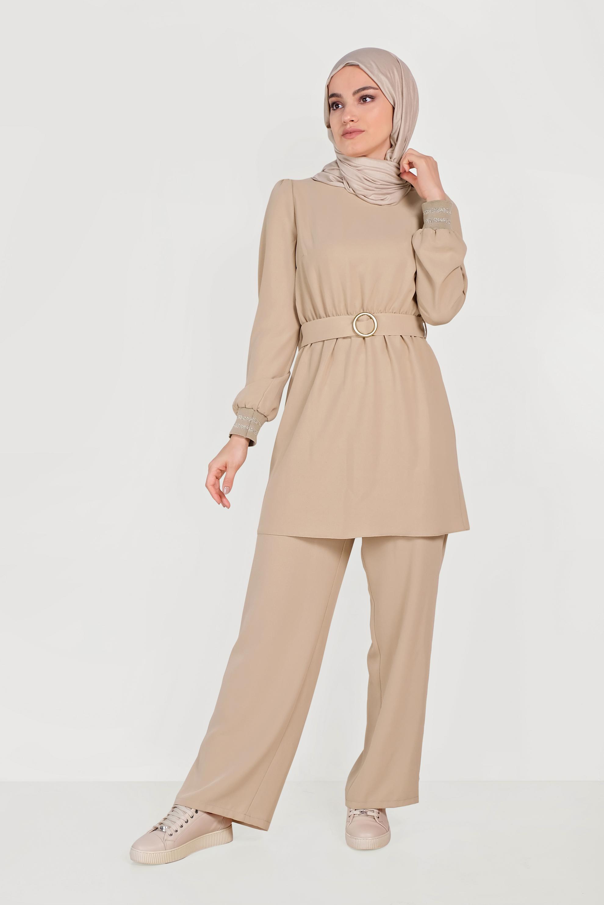 Tesettür giyim BEJ SİMLİ PANTOLONLU TAKIM 40533