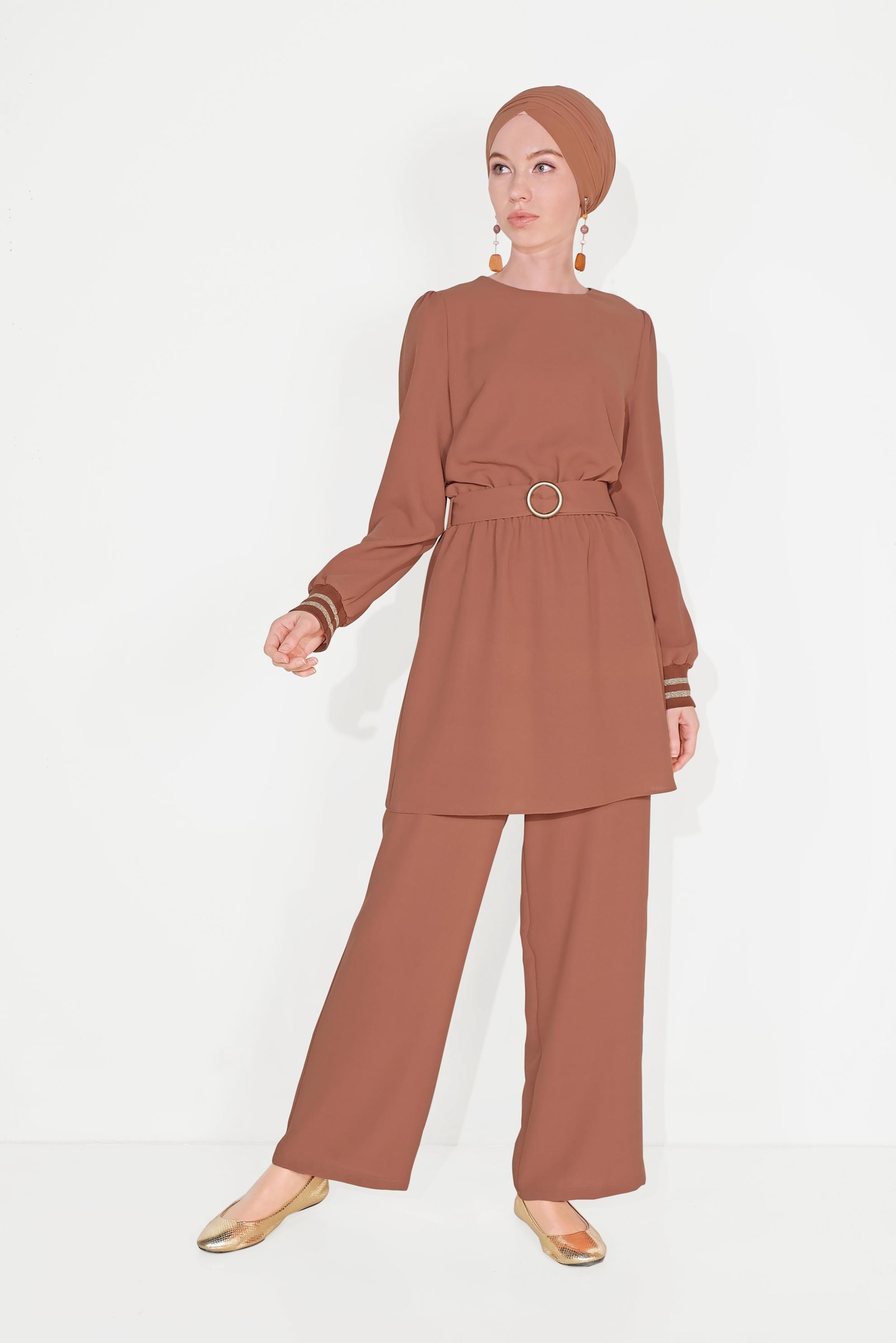 Tesettür giyim TURUNCU SİMLİ PANTOLONLU TAKIM 40533