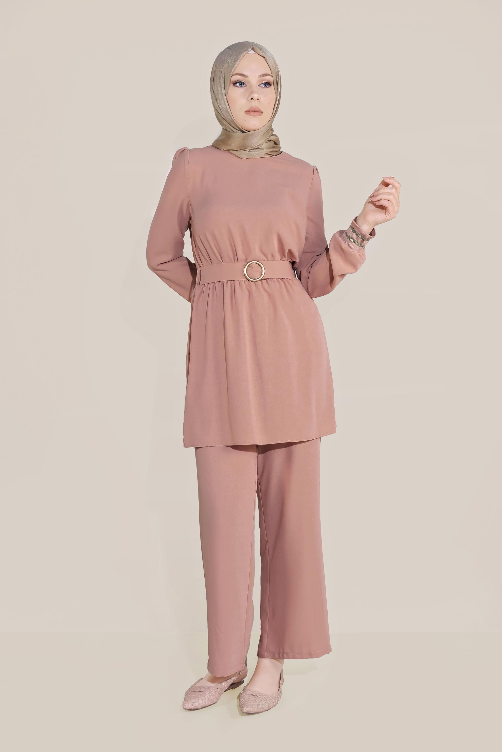 Tesettür giyim PUDRA SİMLİ PANTOLONLU TAKIM 40533