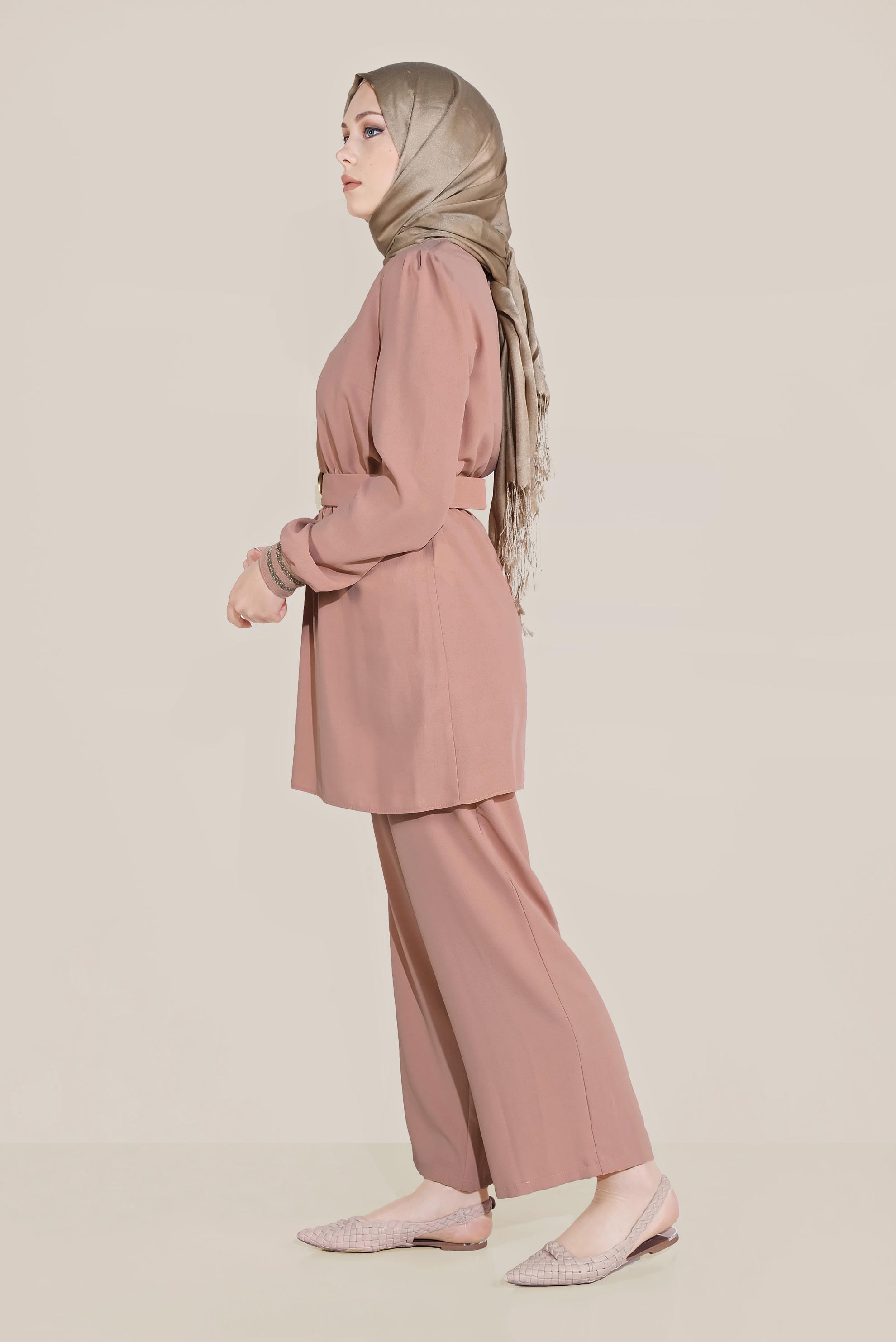 Tesettür giyim PUDRA SİMLİ PANTOLONLU TAKIM 40533