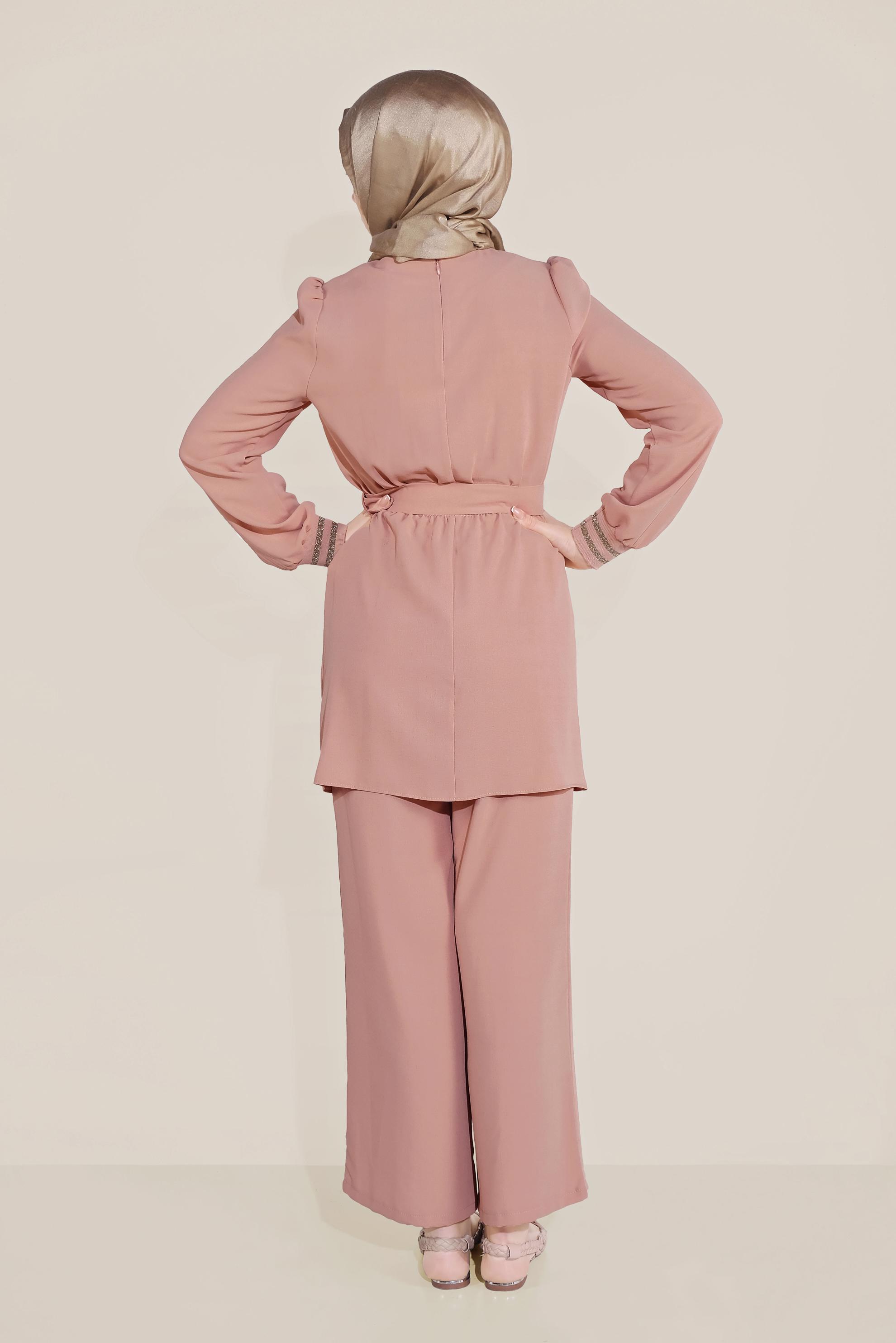 Tesettür giyim PUDRA SİMLİ PANTOLONLU TAKIM 40533