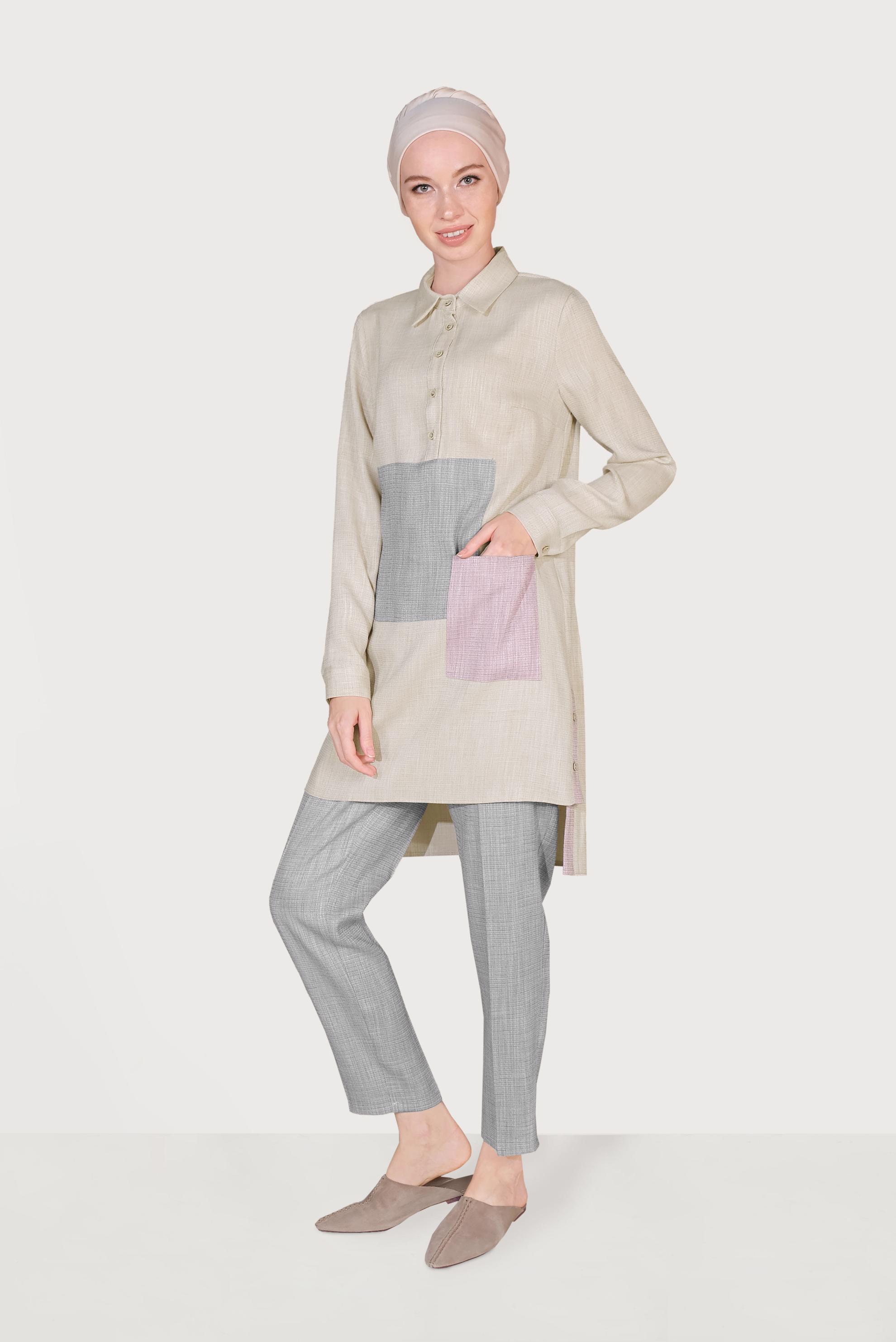 Hijab clothing GREY  Men′s Collar Pocket Pants Set 40623 