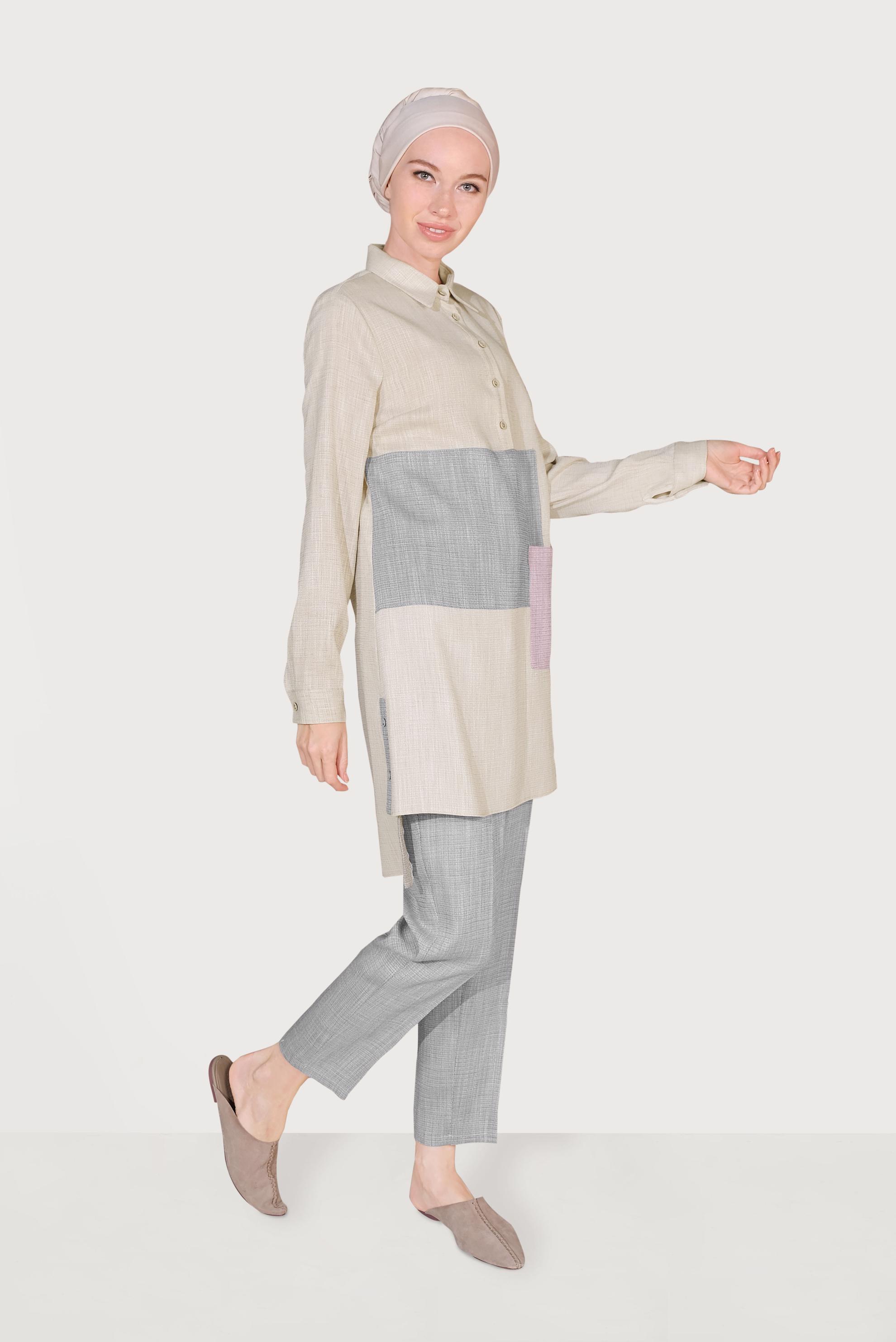 Hijab clothing GREY  Men′s Collar Pocket Pants Set 40623 