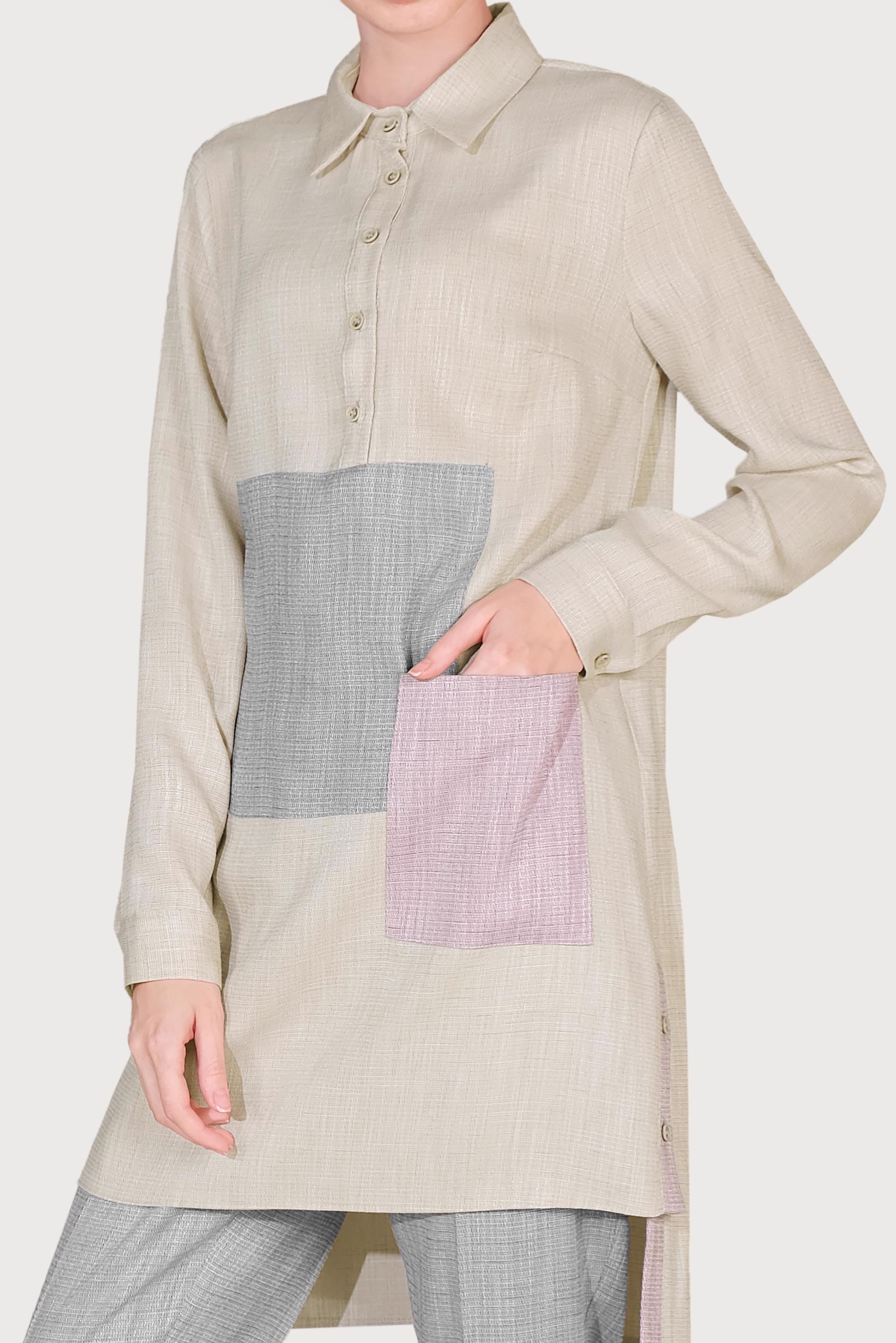 Hijab clothing GREY  Men′s Collar Pocket Pants Set 40623 