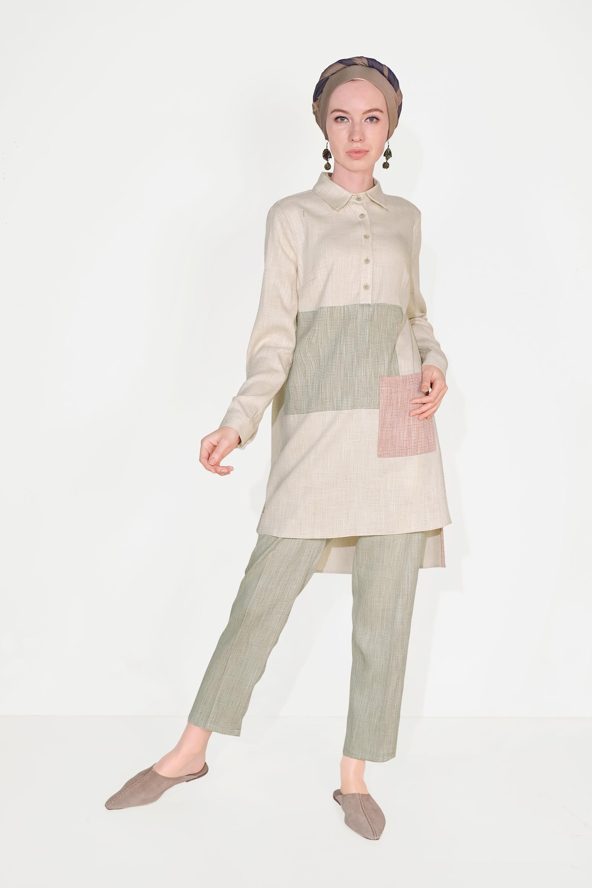 Hijab clothing KHAKI  Men&prime;s Collar Pocket Pants Set 40623 