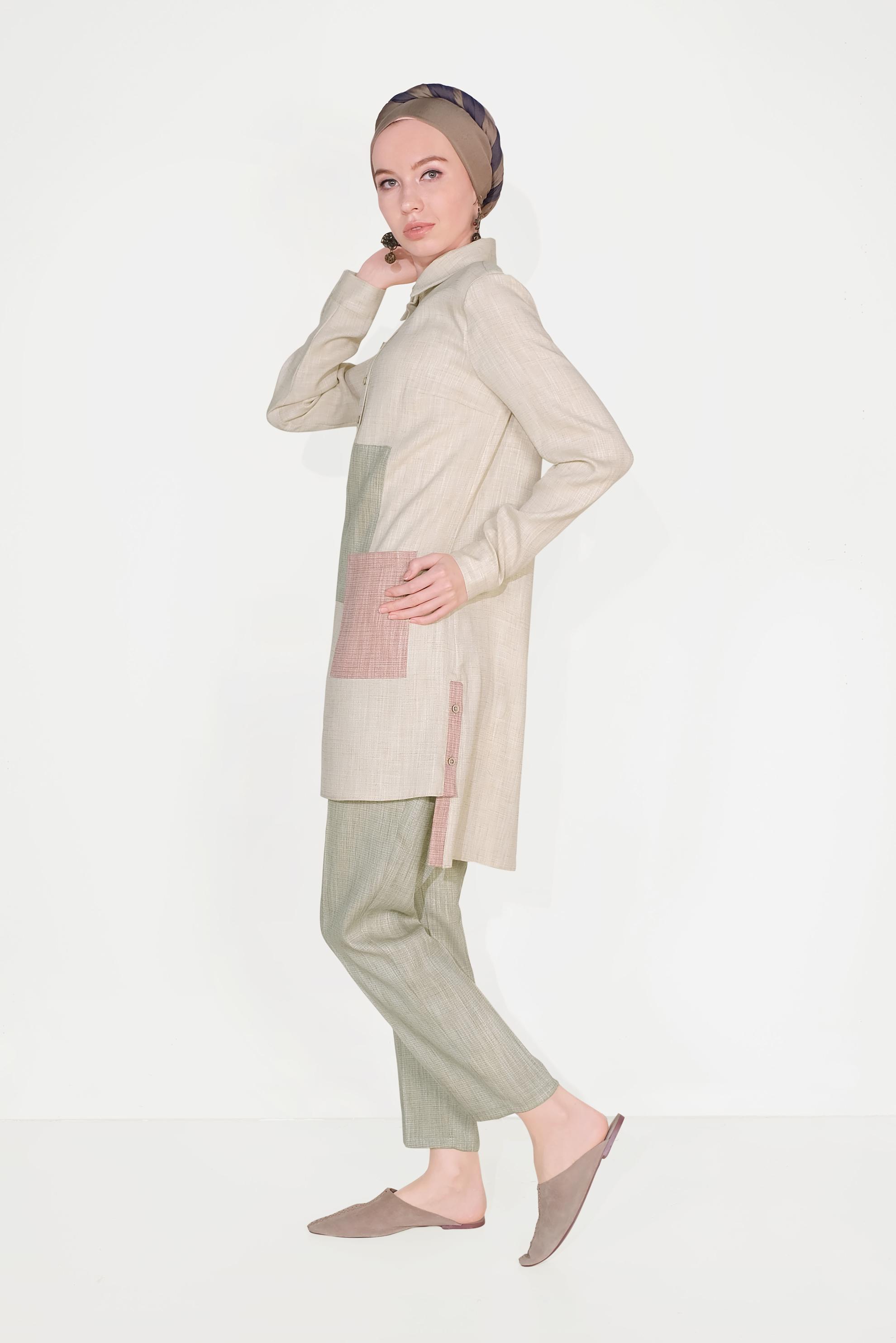 Hijab clothing KHAKI  Men&prime;s Collar Pocket Pants Set 40623 