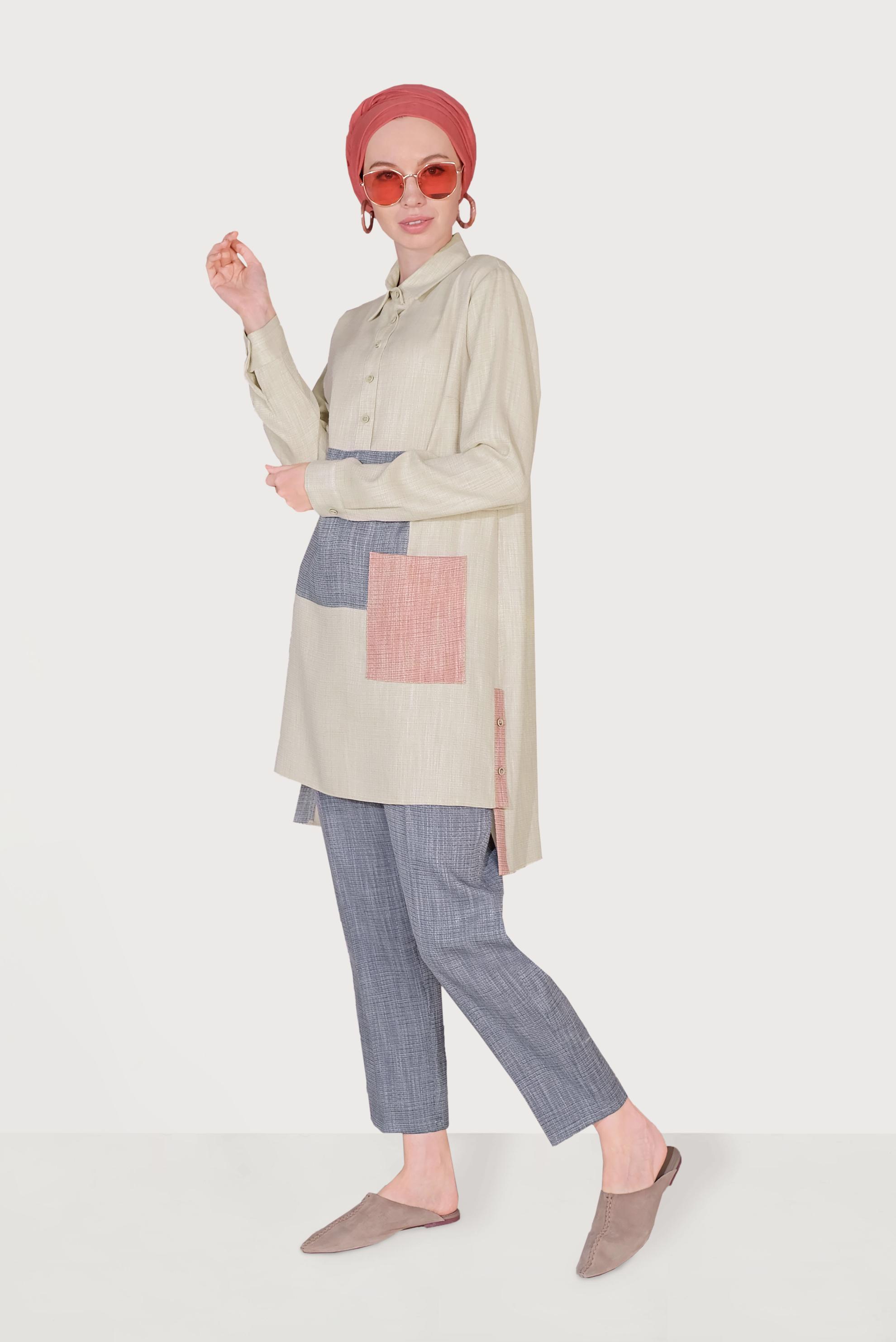 Hijab clothing NAVY BLUE  Men′s Collar Pocket Pants Set 40623 