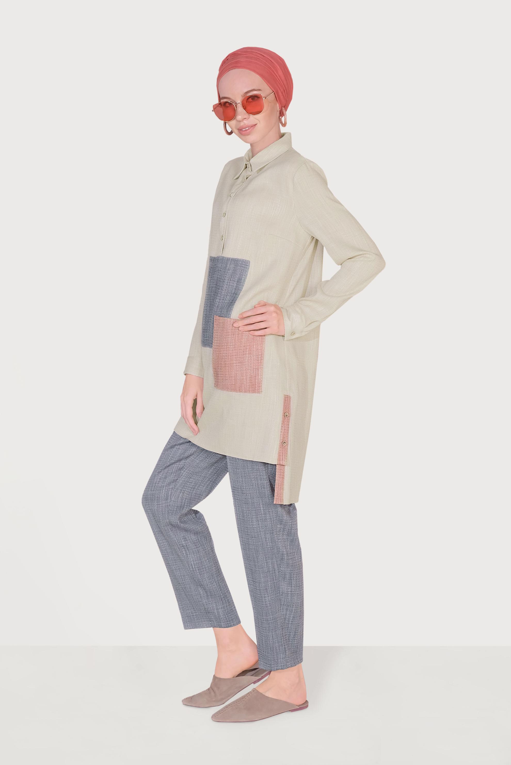 Hijab clothing NAVY BLUE  Men′s Collar Pocket Pants Set 40623 