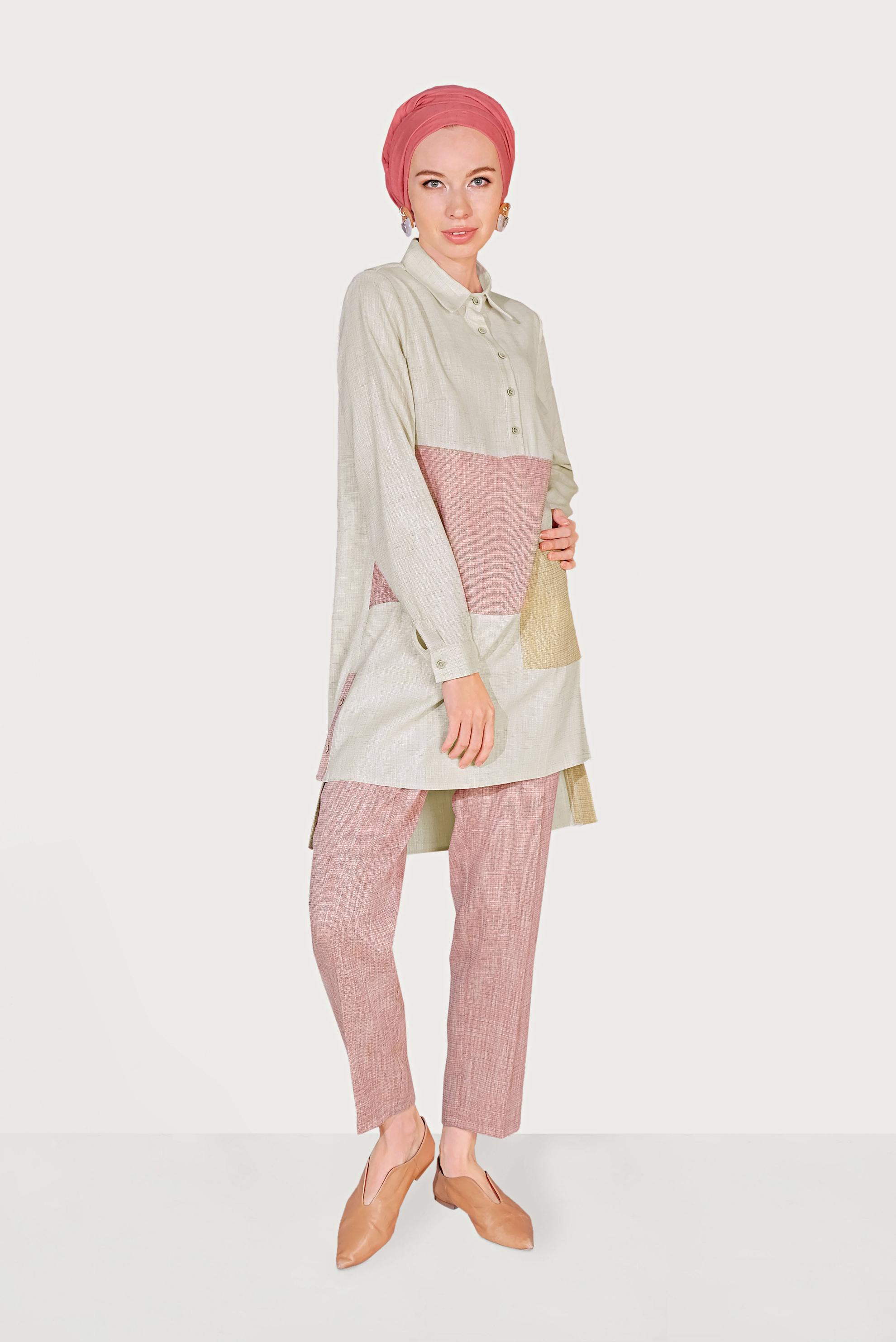 Hijab clothing BROWN  Men′s Collar Pocket Pants Set 40623 