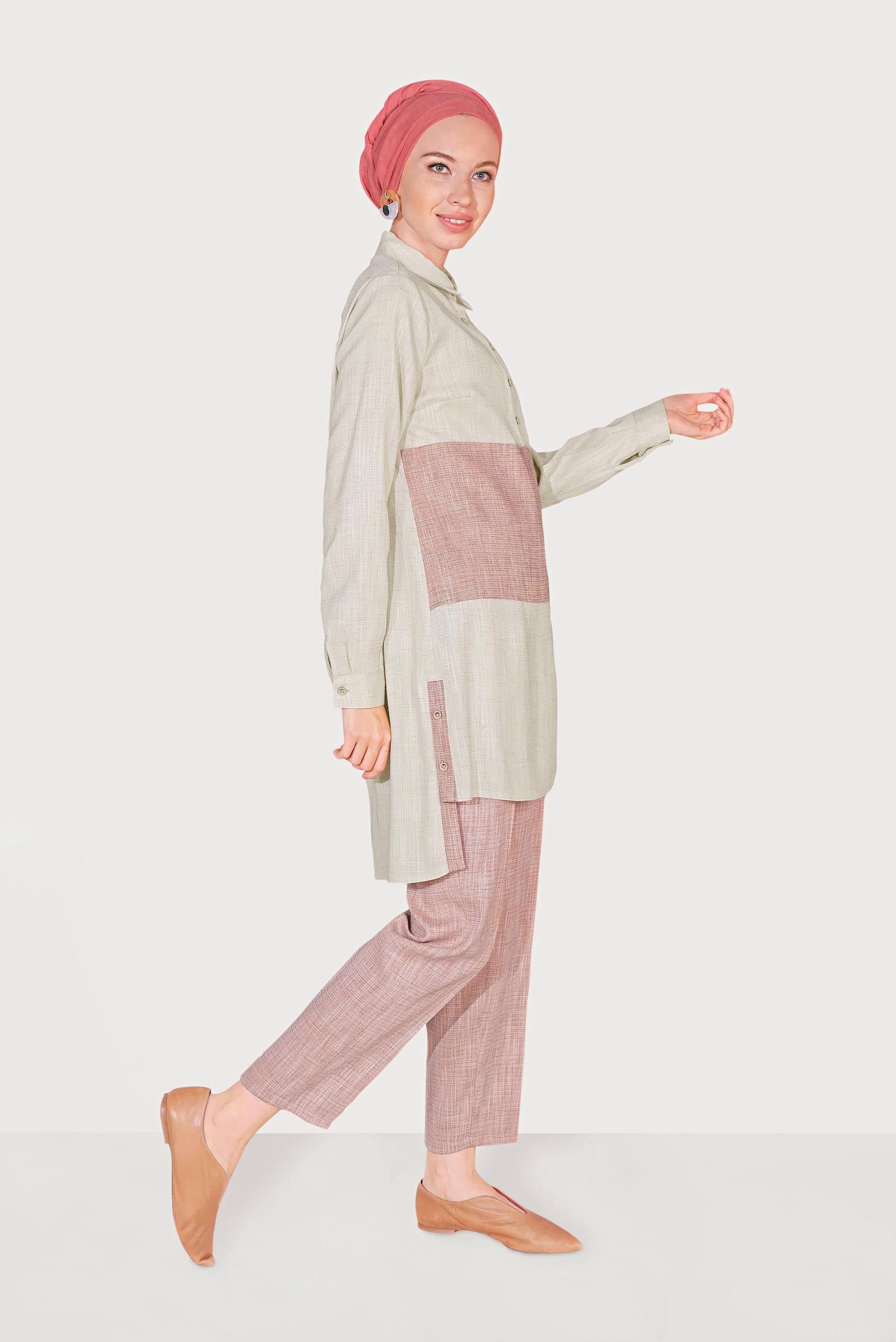 Hijab clothing BROWN  Men′s Collar Pocket Pants Set 40623 