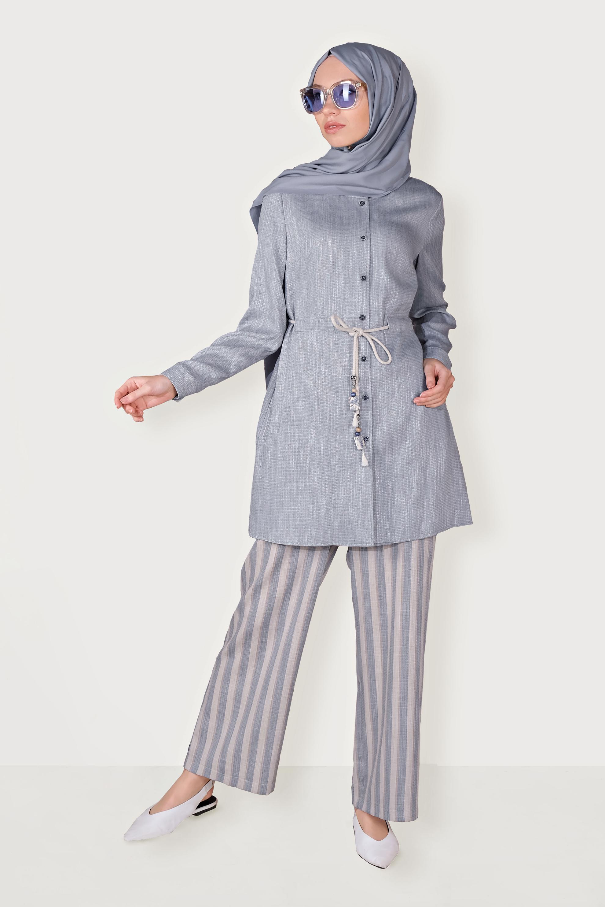 Tesettür giyim MAVİ BAĞCIKLI ÇİZGİLİ PANTOLONLU TAKIM 40646 