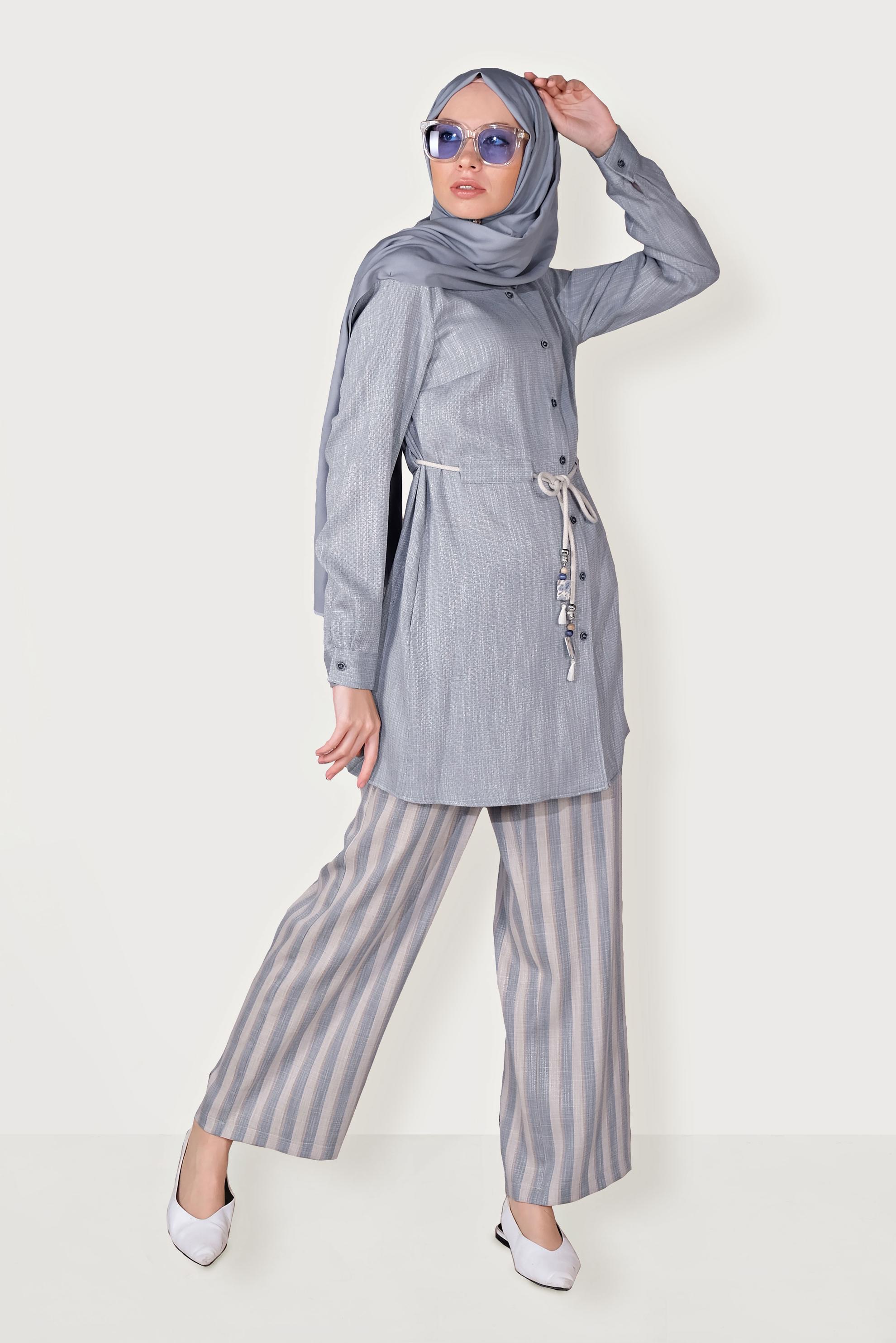 Tesettür giyim MAVİ BAĞCIKLI ÇİZGİLİ PANTOLONLU TAKIM 40646 