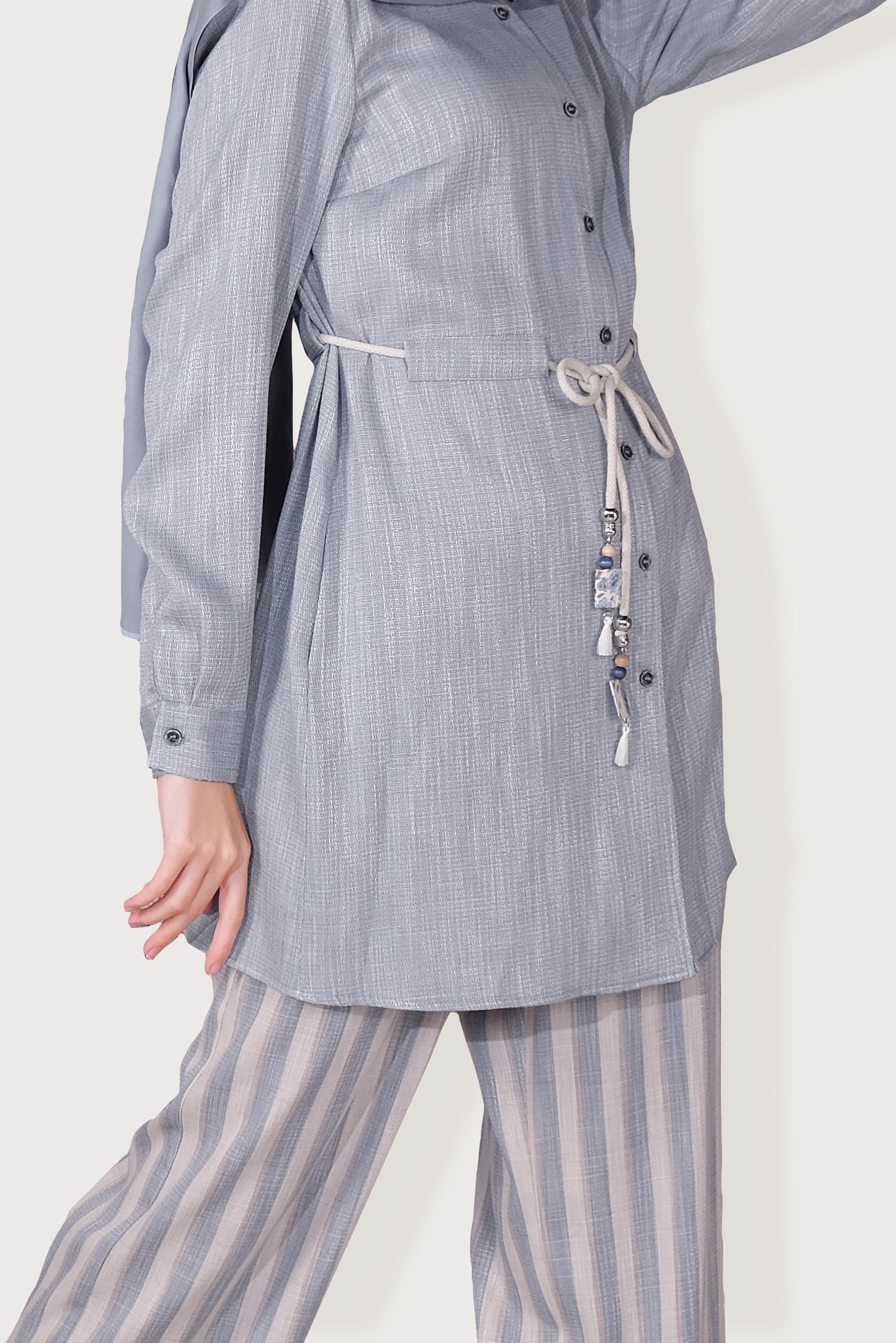 Tesettür giyim MAVİ BAĞCIKLI ÇİZGİLİ PANTOLONLU TAKIM 40646 