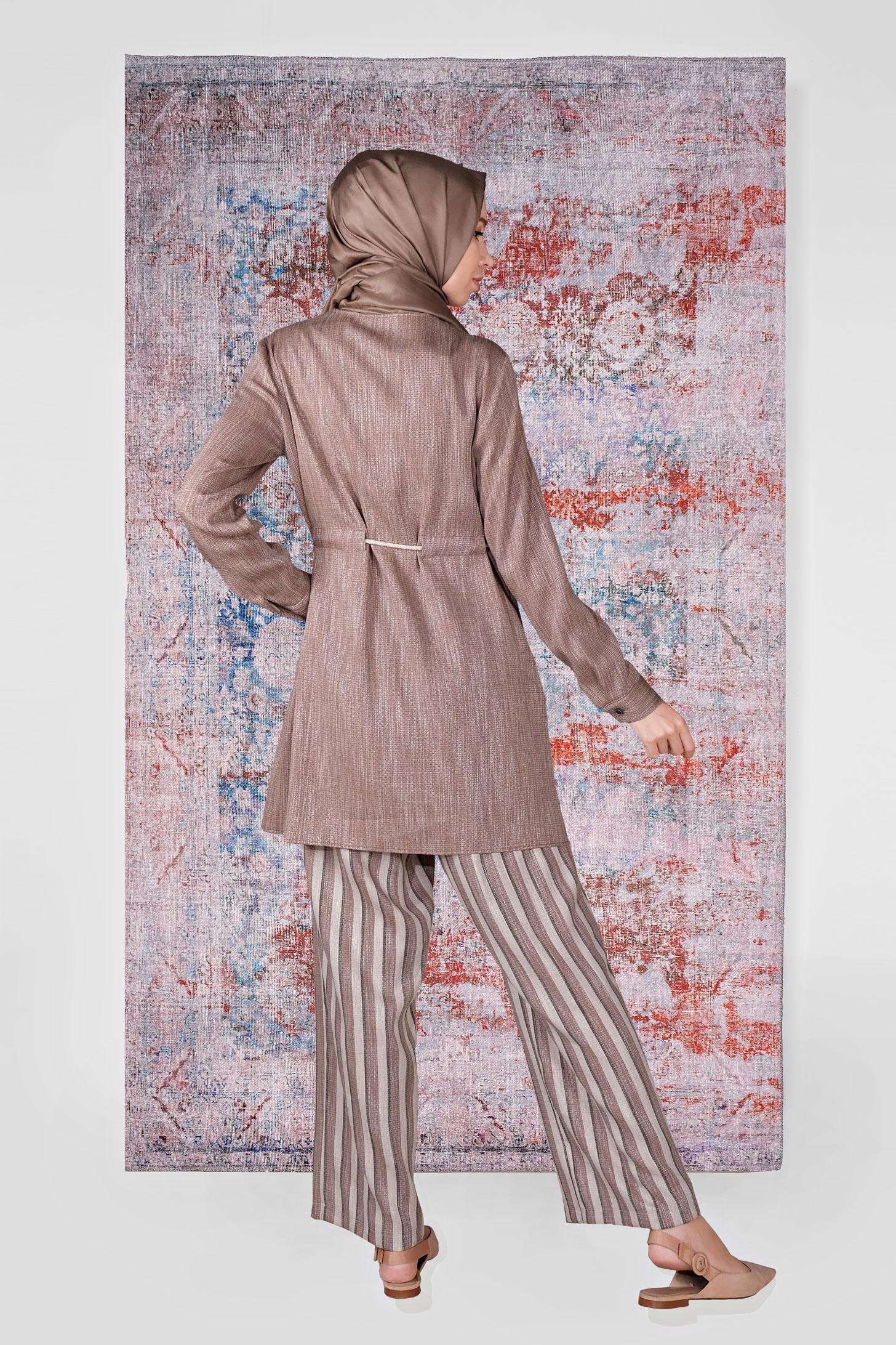 Tesettür giyim KAHVE BAĞCIKLI ÇİZGİLİ PANTOLONLU TAKIM 40646 