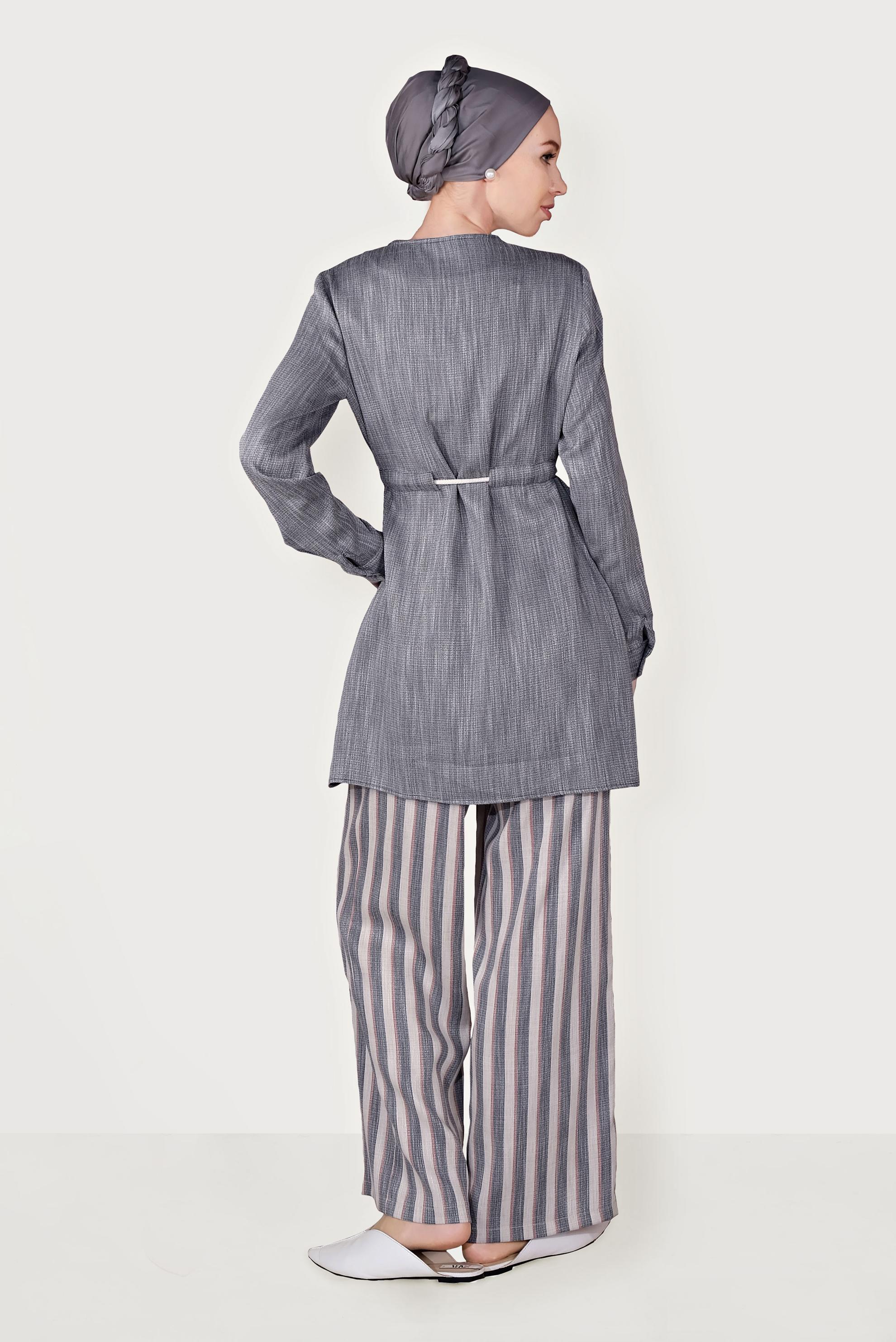 Tesettür giyim LACİVERT BAĞCIKLI ÇİZGİLİ PANTOLONLU TAKIM 40646 