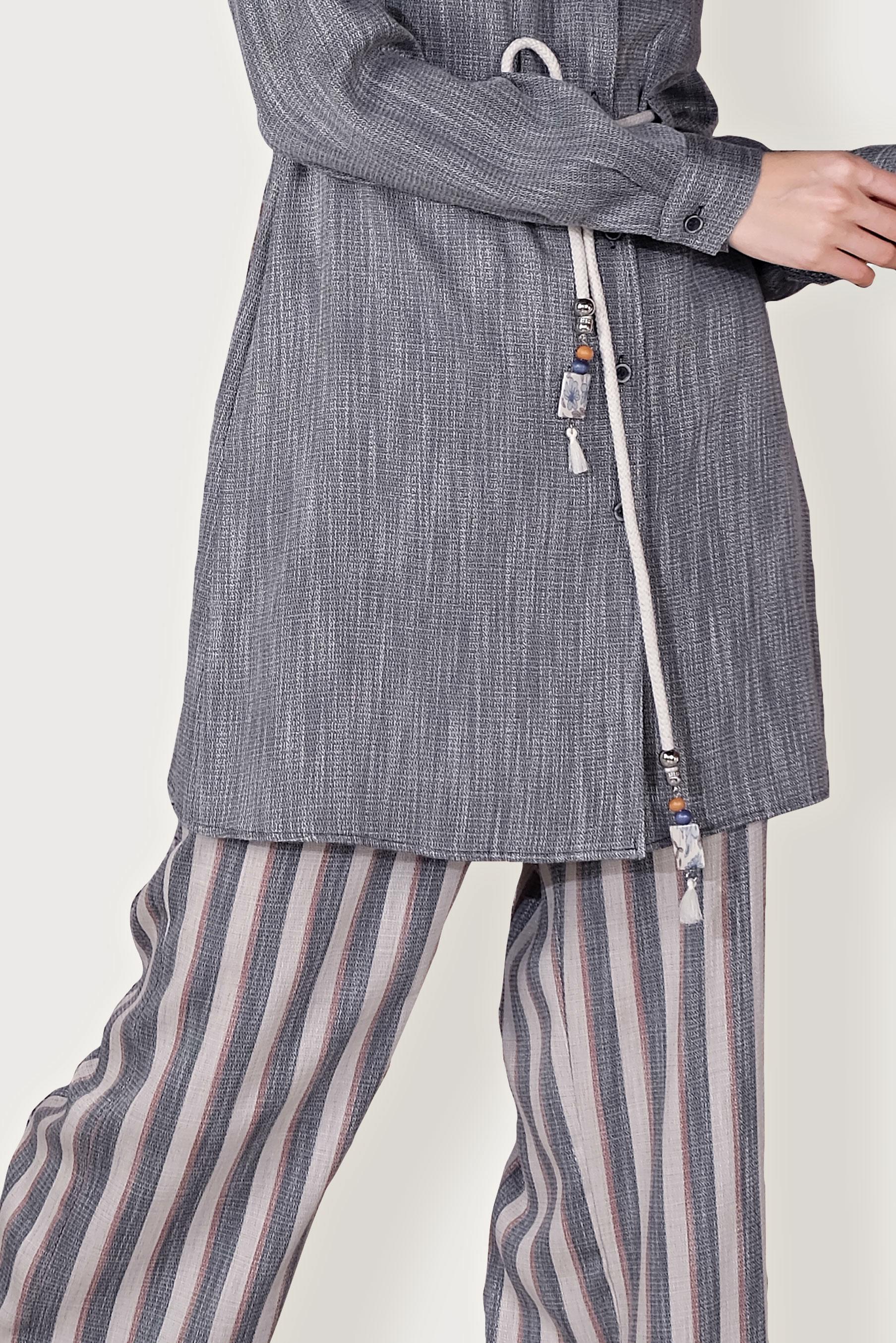 Tesettür giyim LACİVERT BAĞCIKLI ÇİZGİLİ PANTOLONLU TAKIM 40646 