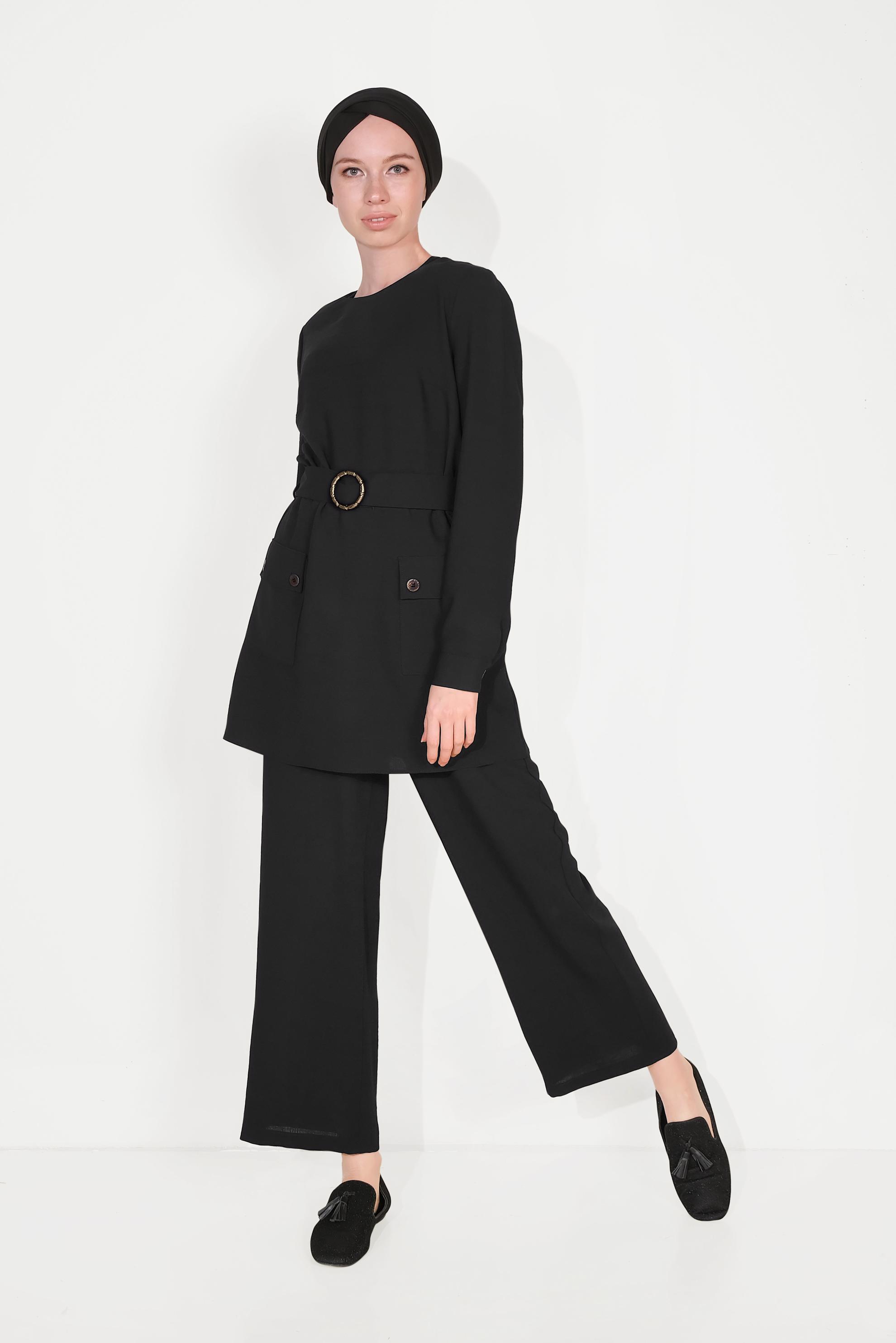 Tesettür giyim SİYAH KEMERLİ CEPLİ KREP TAKIM 40648