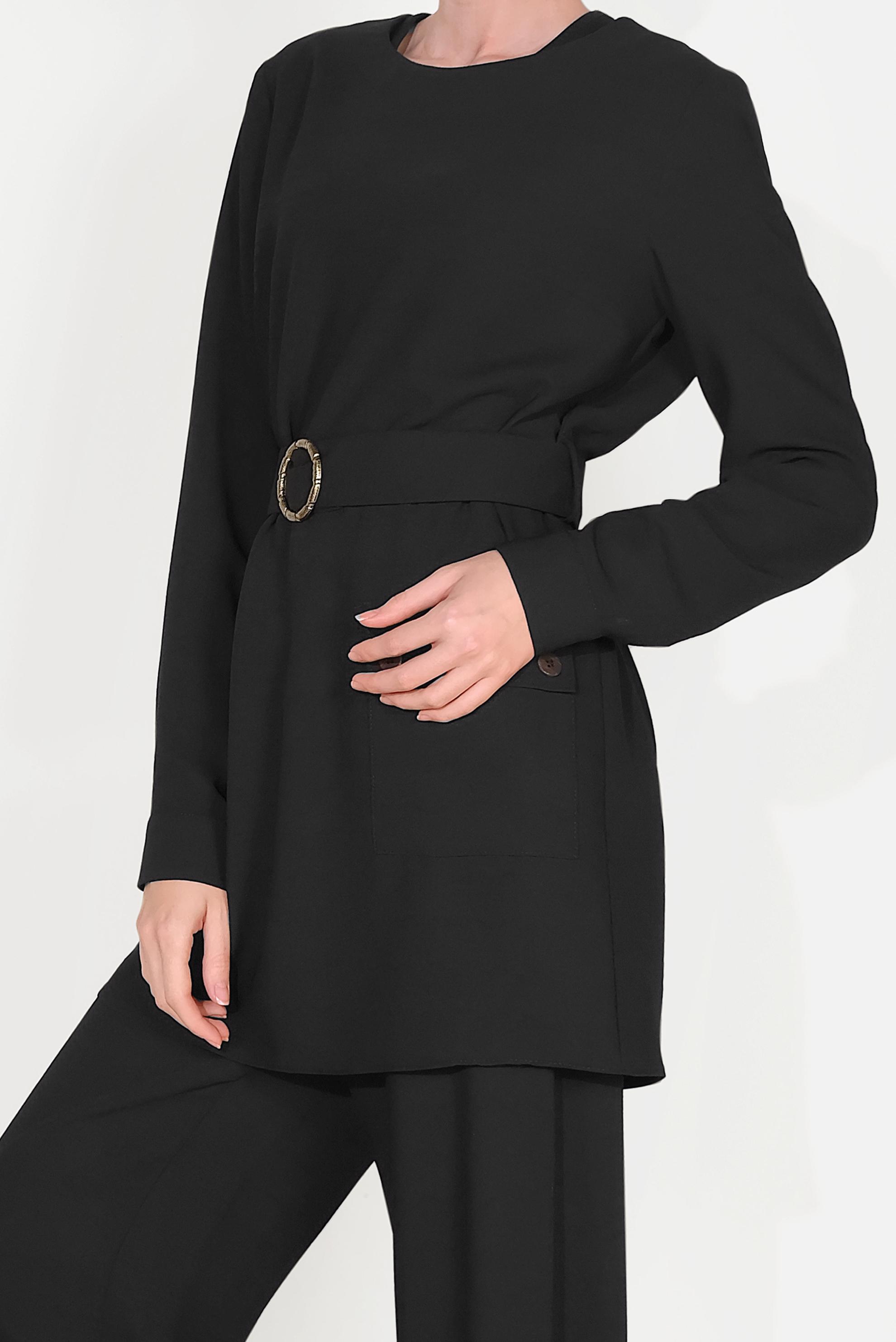 Tesettür giyim SİYAH KEMERLİ CEPLİ KREP TAKIM 40648