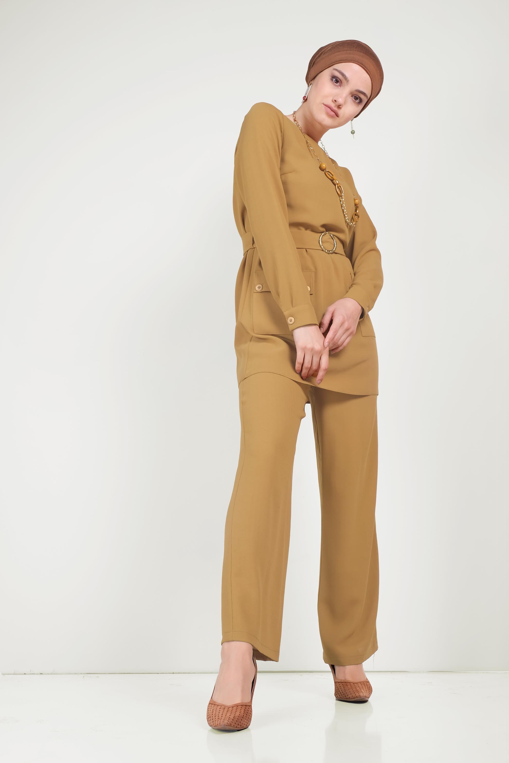 Tesettür giyim SARI KEMERLİ CEPLİ KREP TAKIM 40648