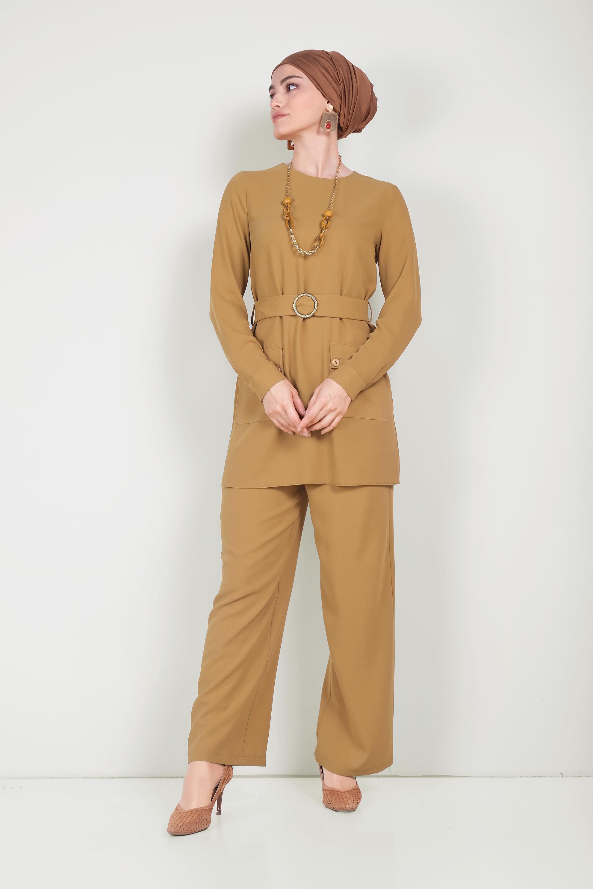 Tesettür giyim SARI KEMERLİ CEPLİ KREP TAKIM 40648