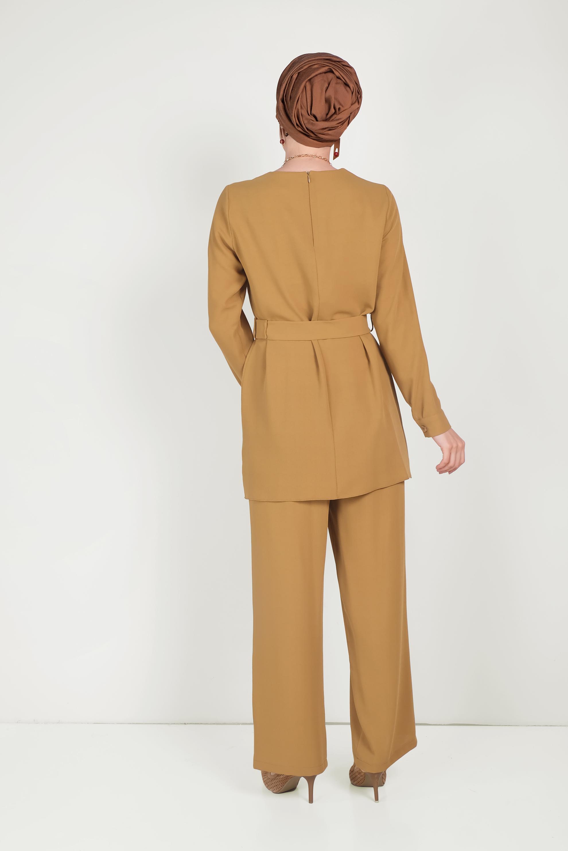 Tesettür giyim SARI KEMERLİ CEPLİ KREP TAKIM 40648