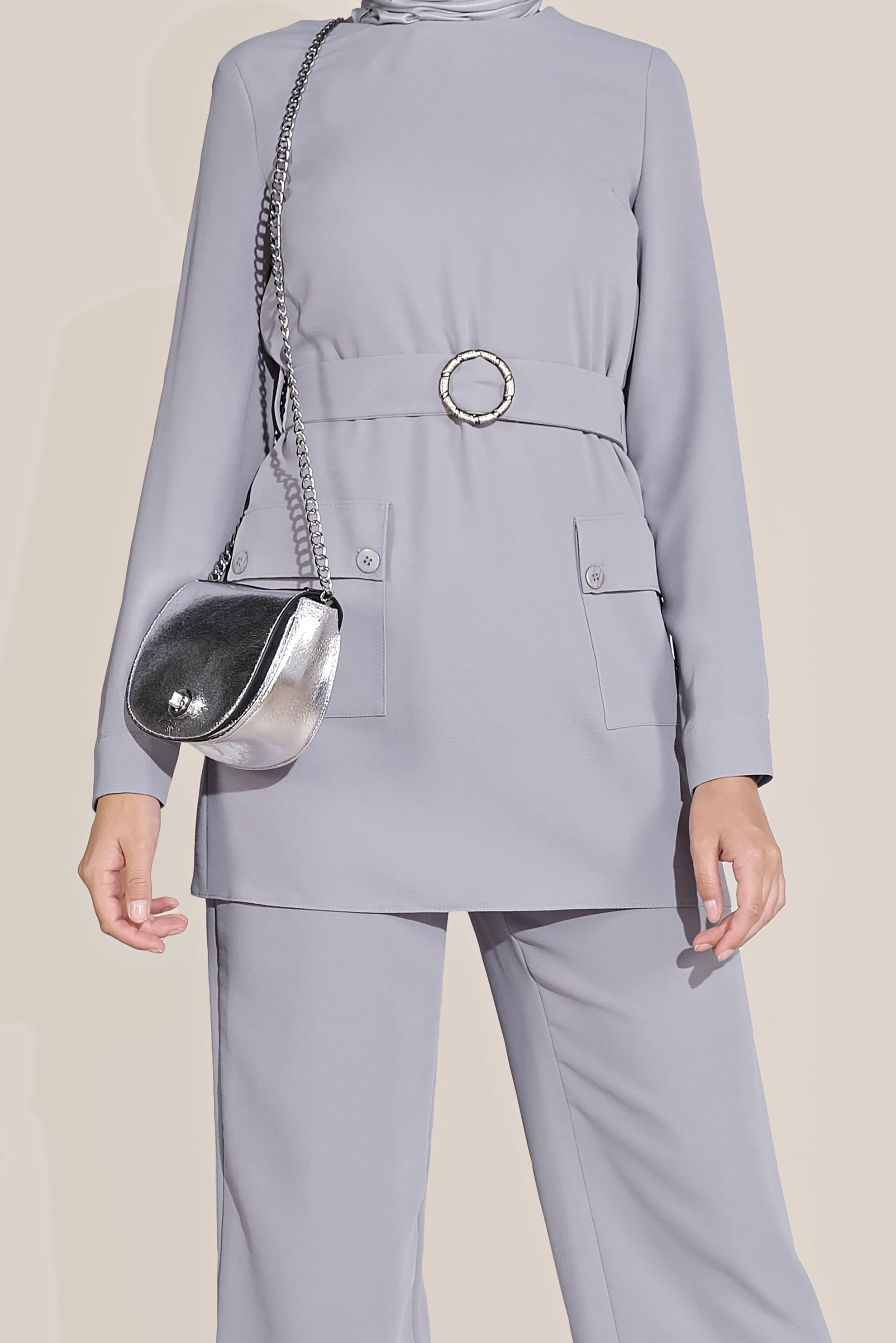 Tesettür giyim GRİ KEMERLİ CEPLİ KREP TAKIM 40648