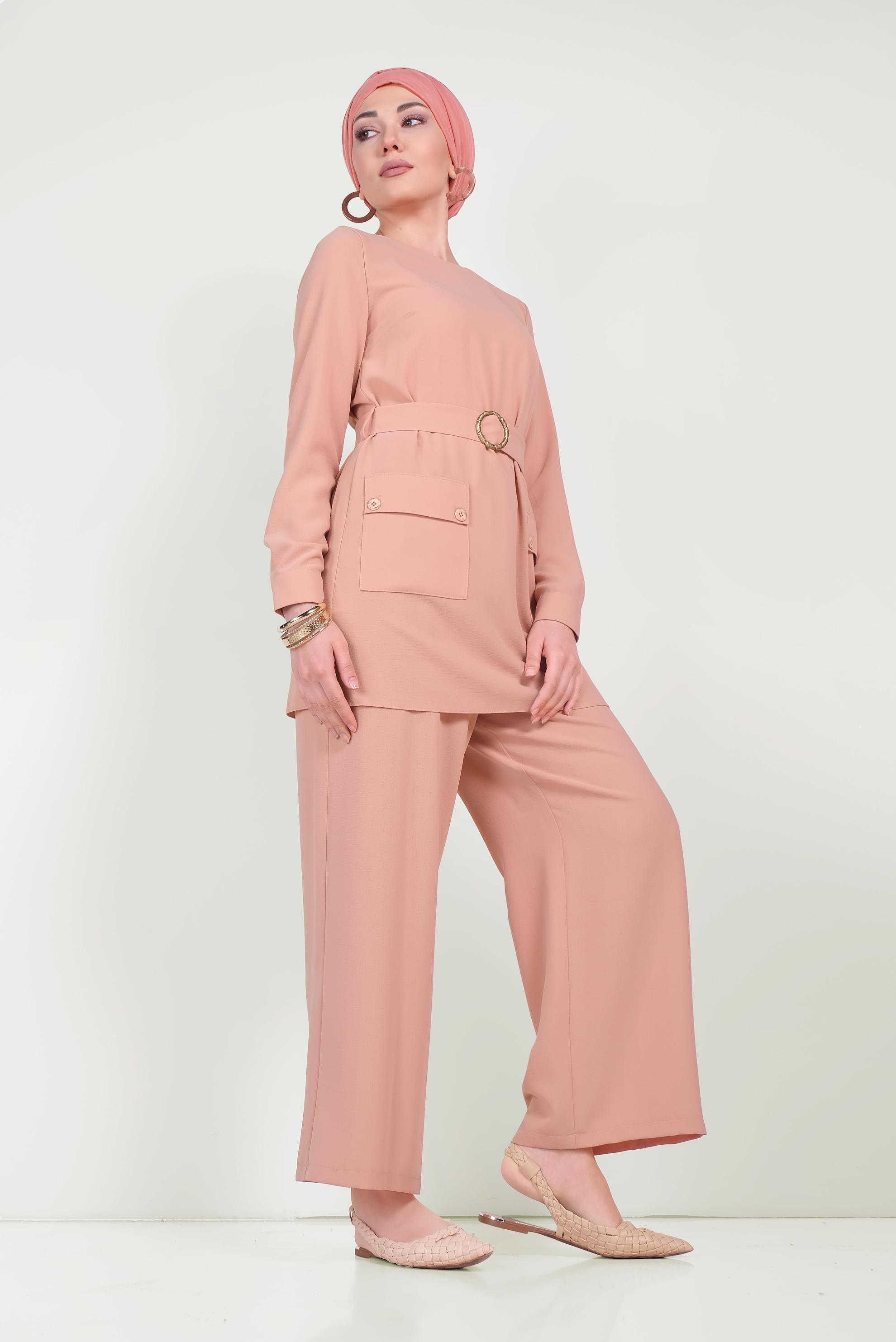 Tesettür giyim PUDRA KEMERLİ CEPLİ KREP TAKIM 40648