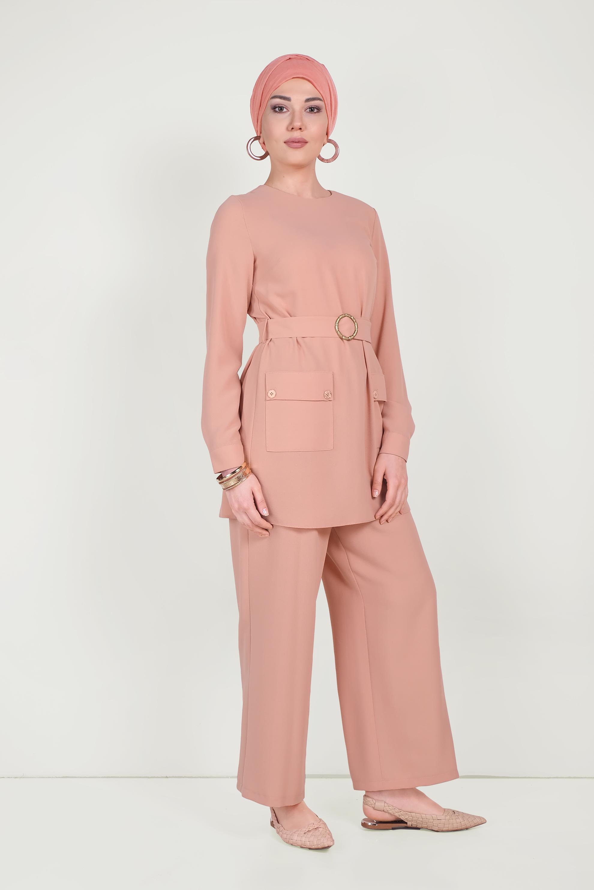 Tesettür giyim PUDRA KEMERLİ CEPLİ KREP TAKIM 40648