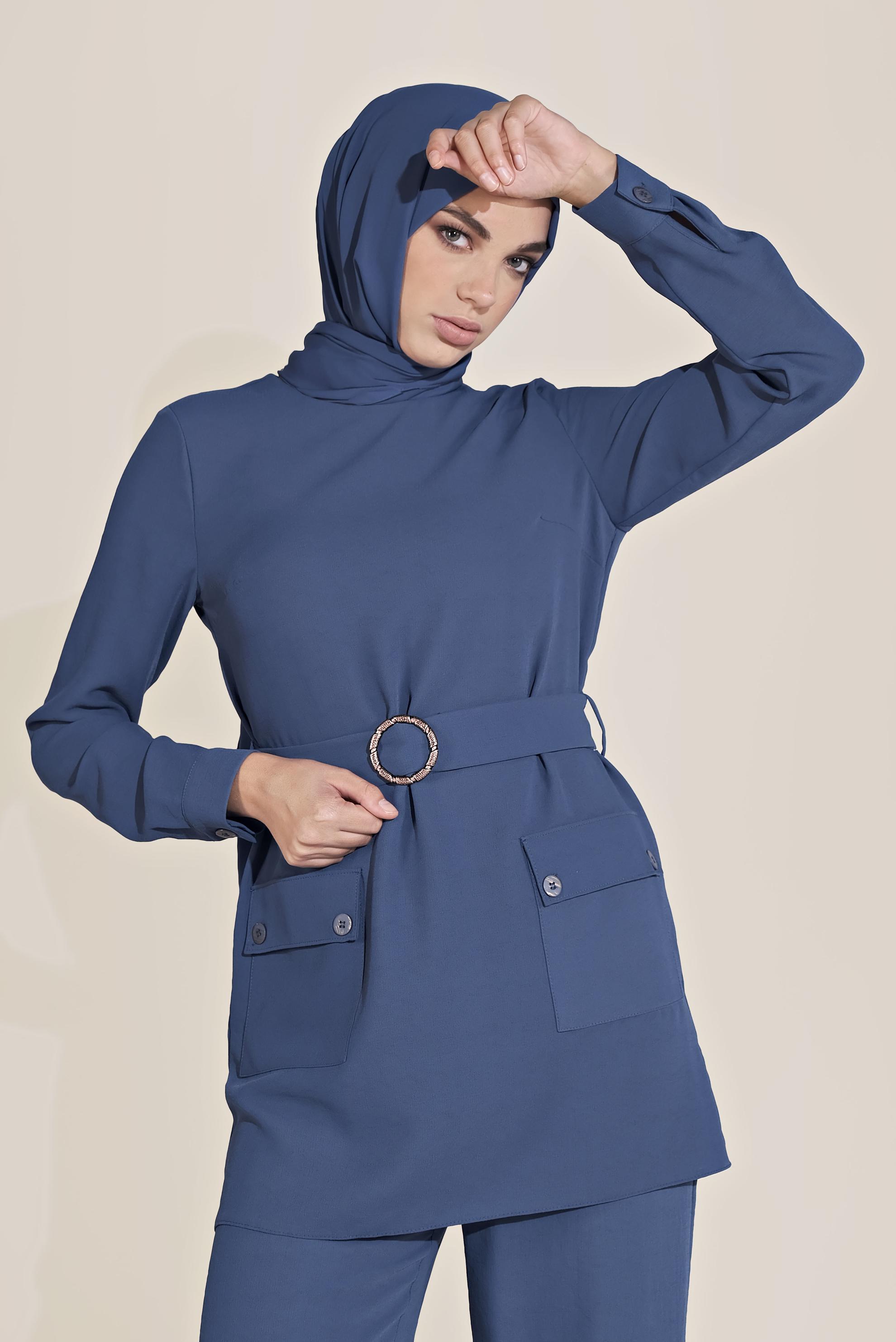 Tesettür giyim LACİVERT KEMERLİ CEPLİ KREP TAKIM 40648