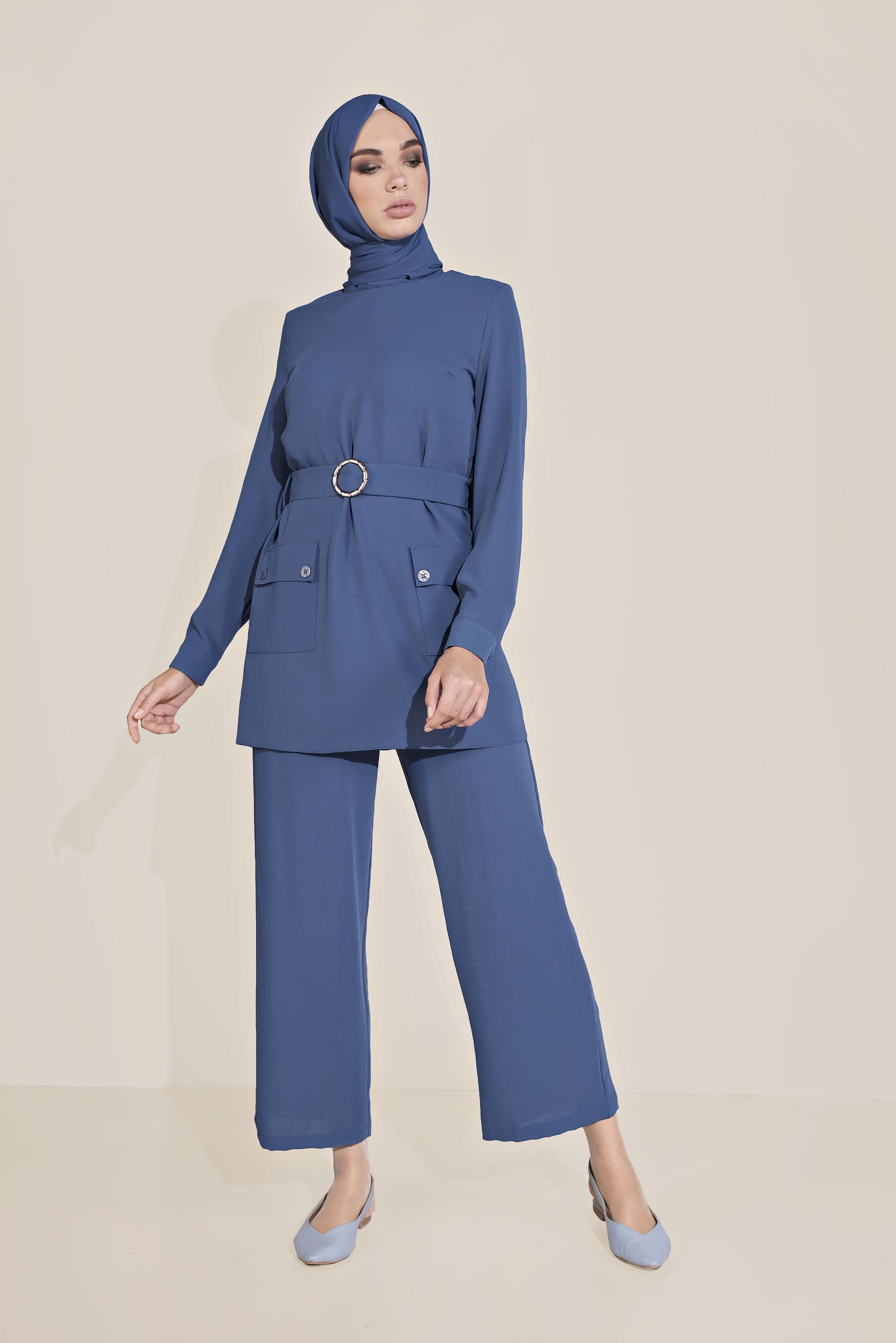 Tesettür giyim LACİVERT KEMERLİ CEPLİ KREP TAKIM 40648