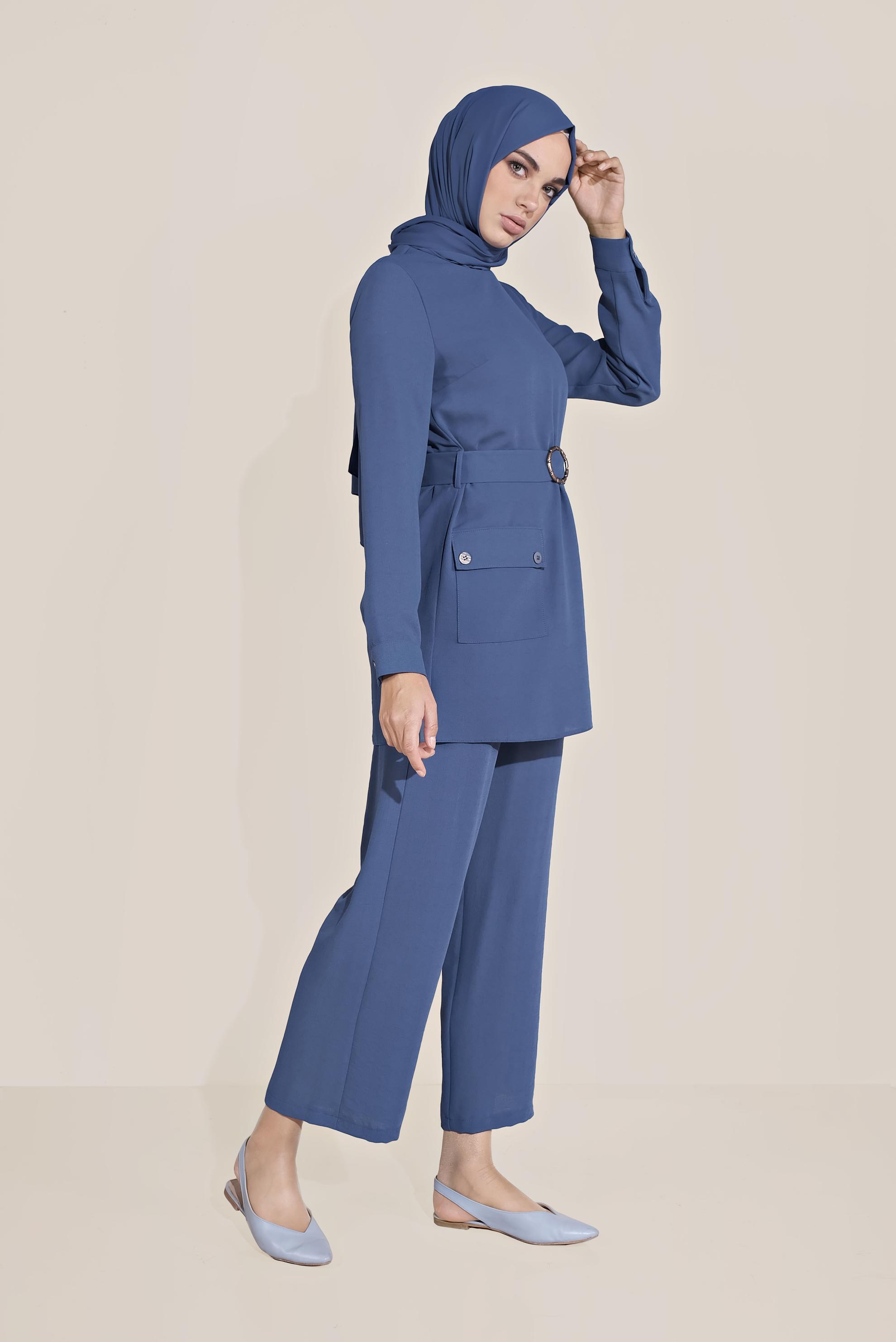Tesettür giyim LACİVERT KEMERLİ CEPLİ KREP TAKIM 40648