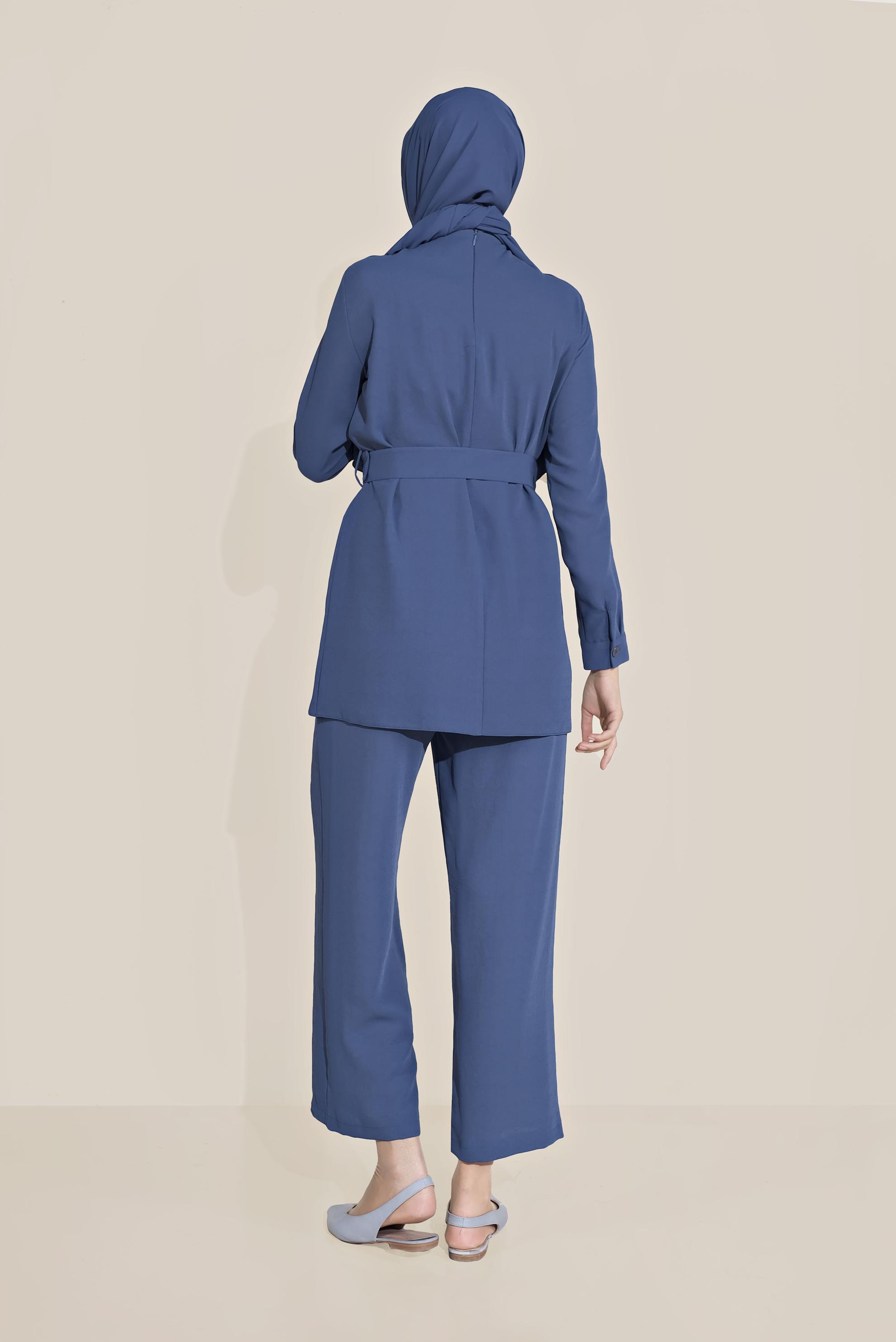 Tesettür giyim LACİVERT KEMERLİ CEPLİ KREP TAKIM 40648